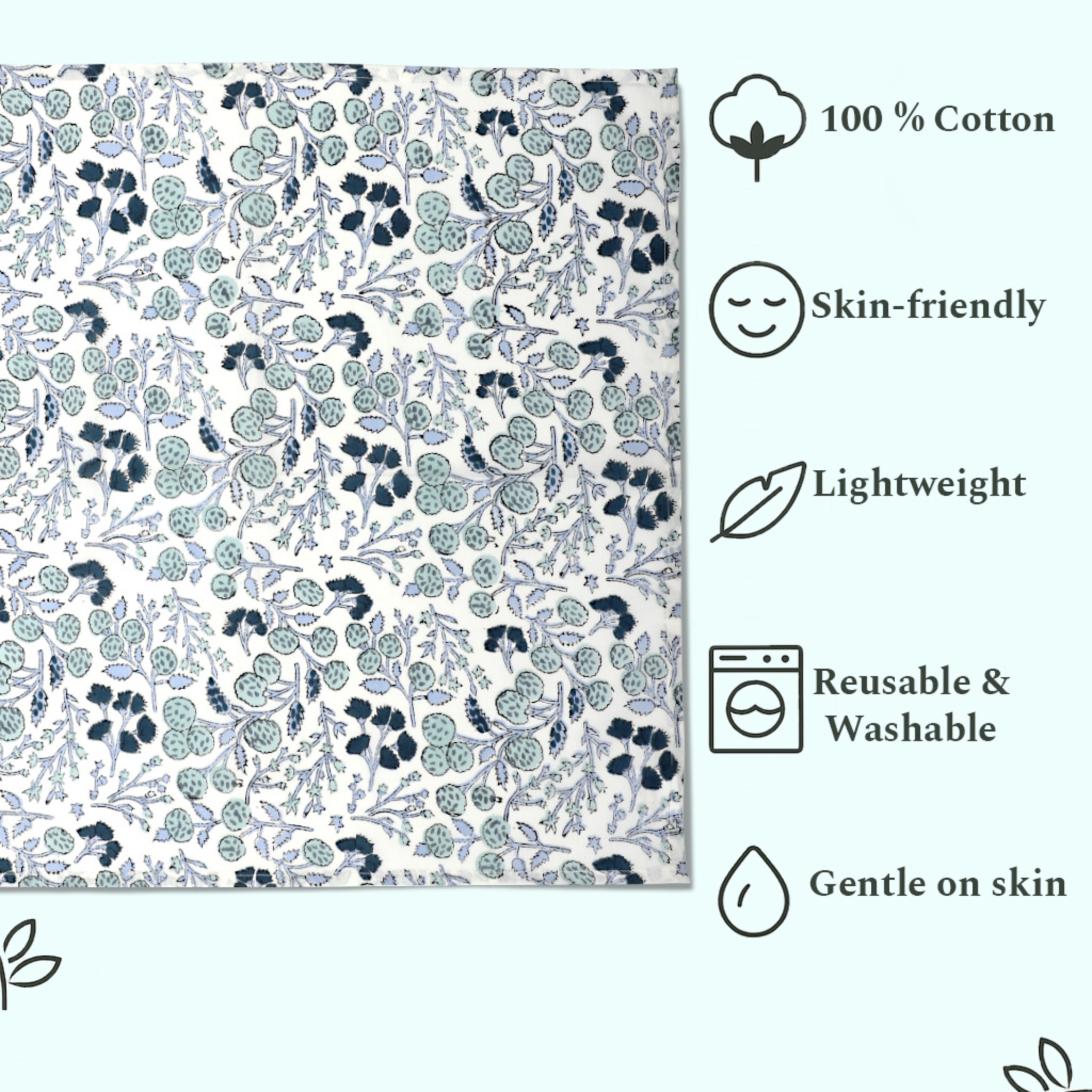 Floral patterned fabric with sustainability and product features listed on a white background