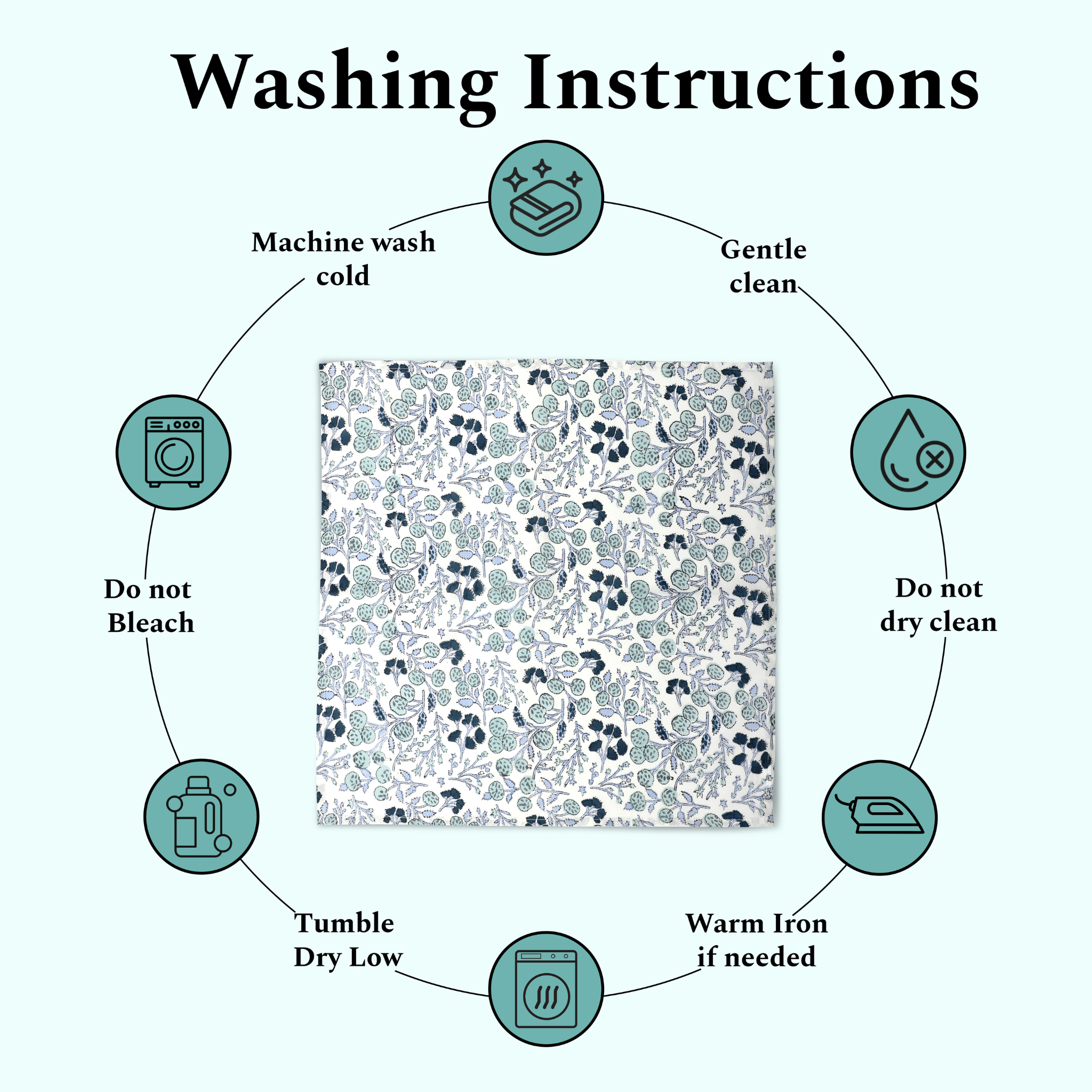 Washing instructions diagram with a floral patterned fabric in the center