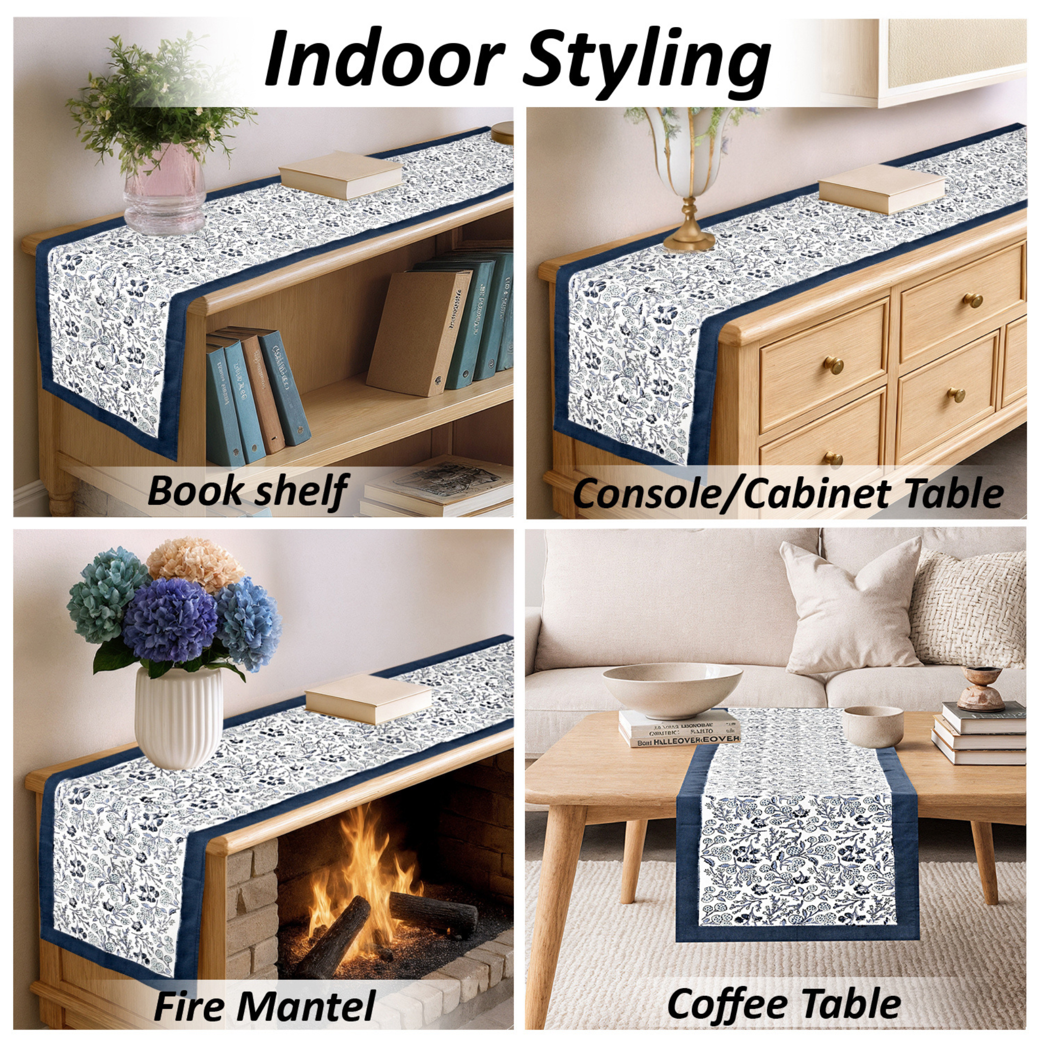 Table runner with floral pattern used on bookshelf, console table, fire mantel, and coffee table.