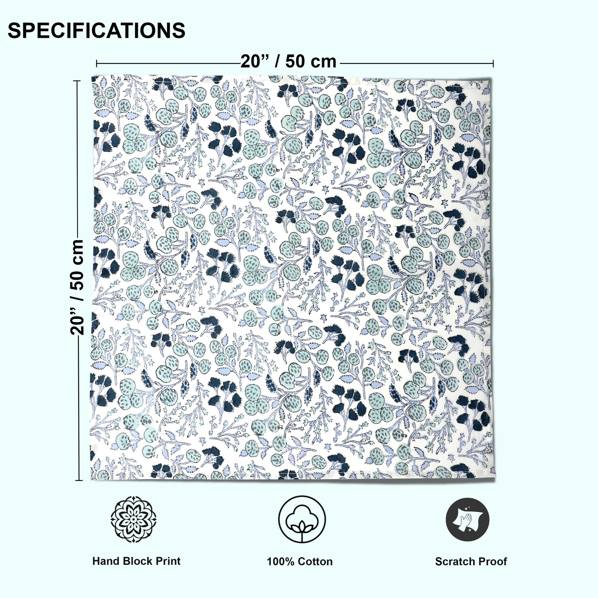 Floral patterned fabric with dimensions and certification icons on a white background