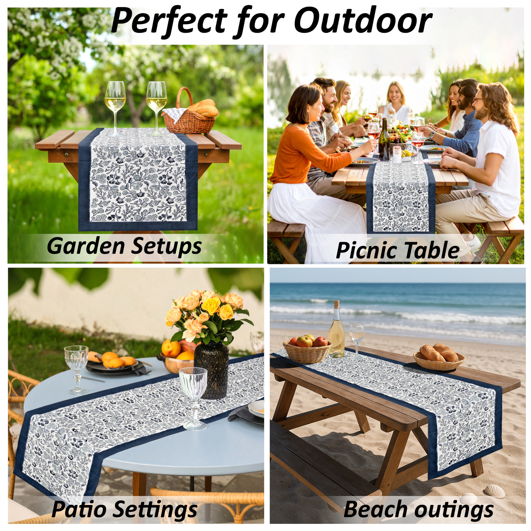 Table runner with floral pattern used in various outdoor settings including garden, picnic, patio, and beach.