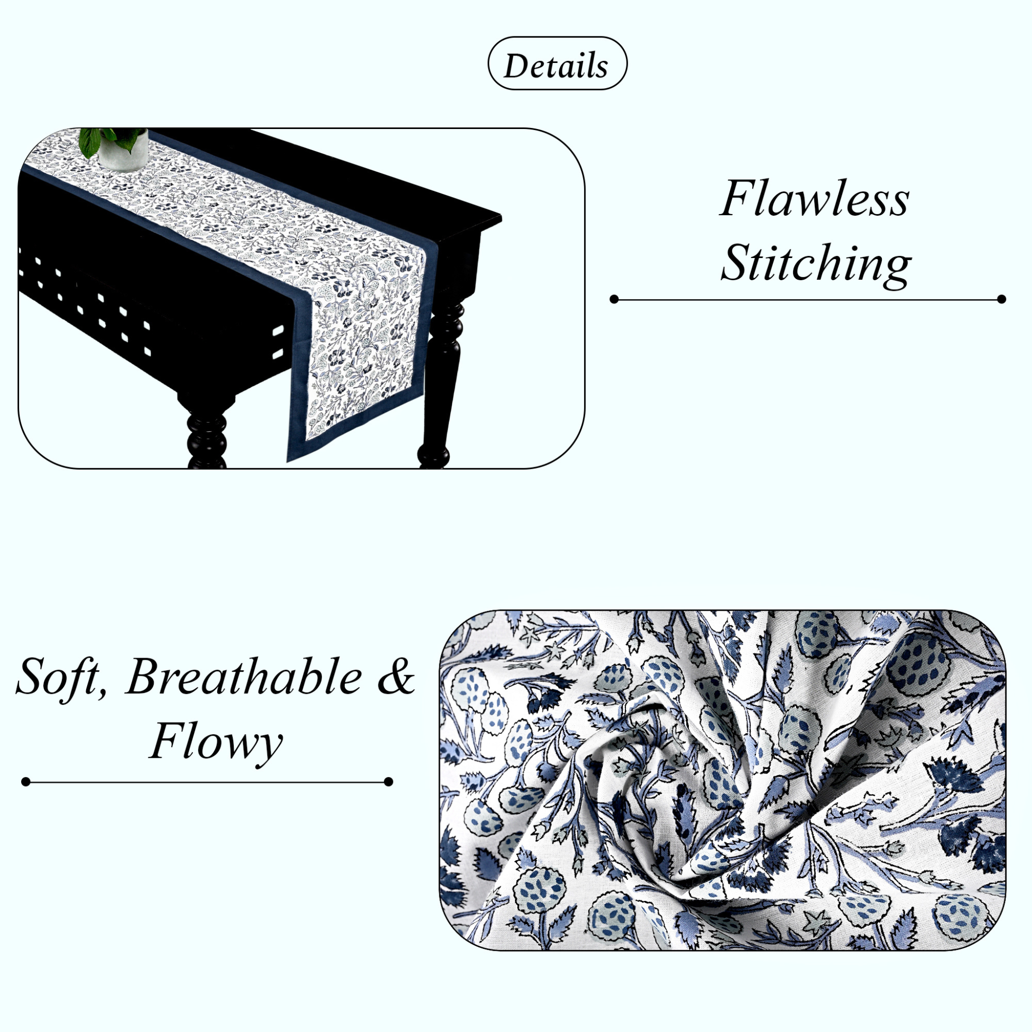 Tablecloth with floral pattern and text highlighting features on a white background