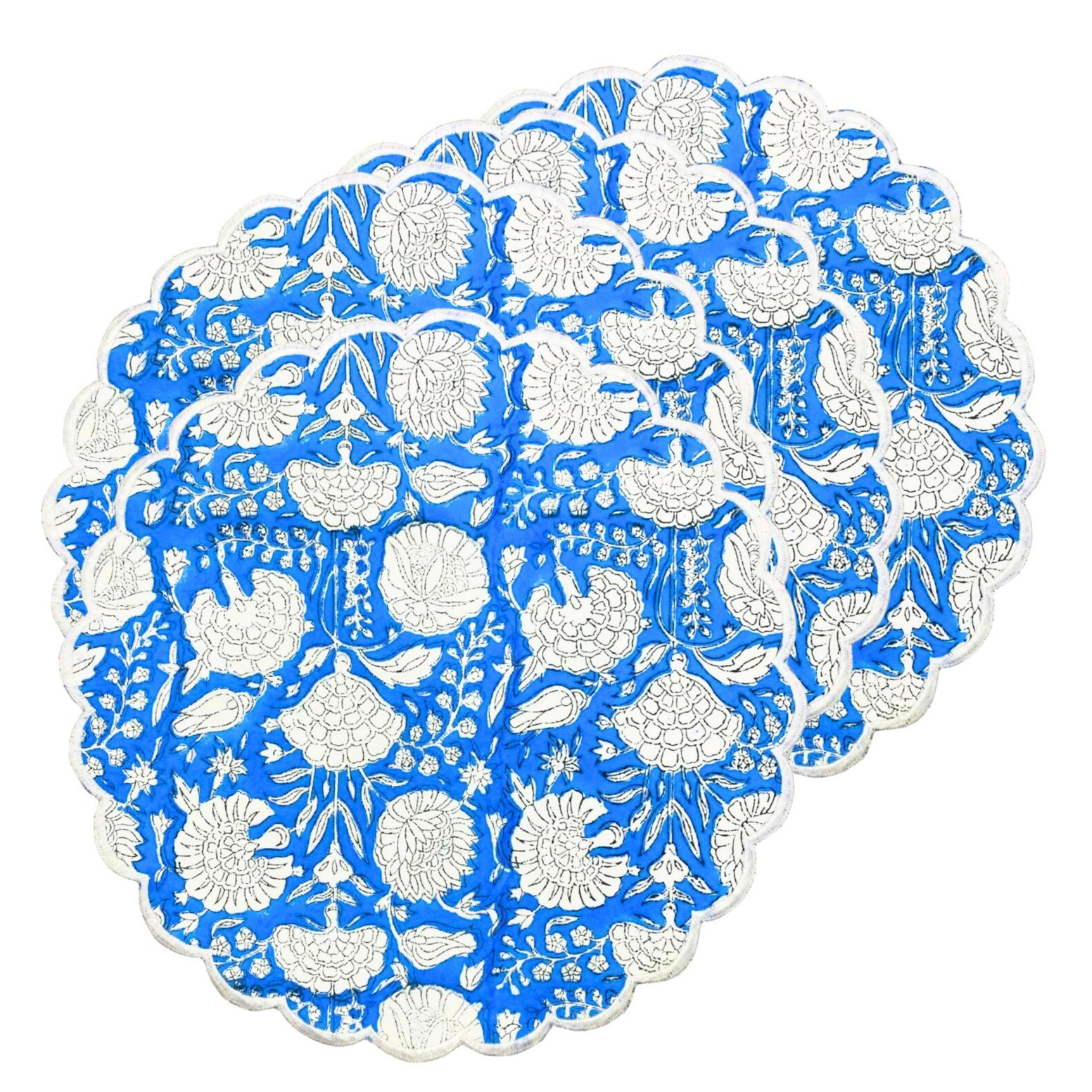 Round blue and white floral patterned placemat on a white background