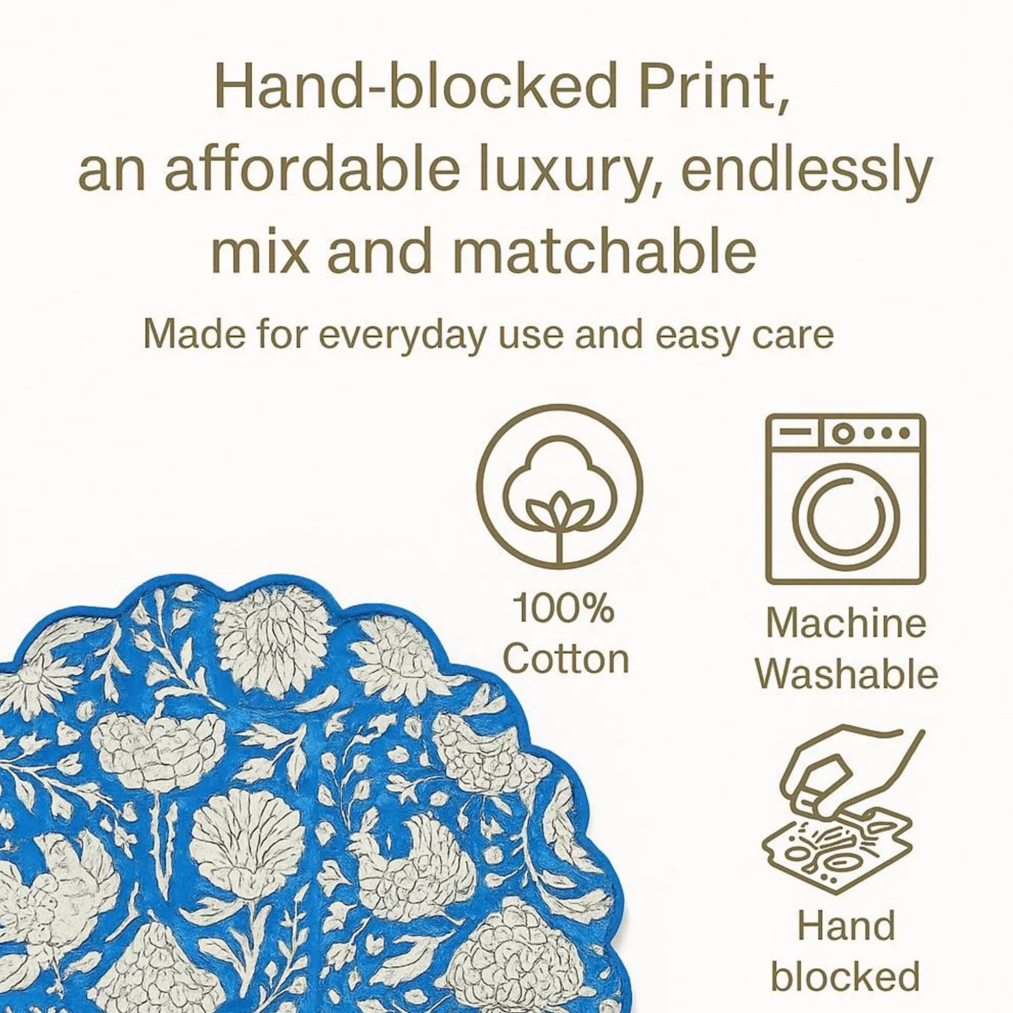 Product description card with floral design, text, and icons on a white background