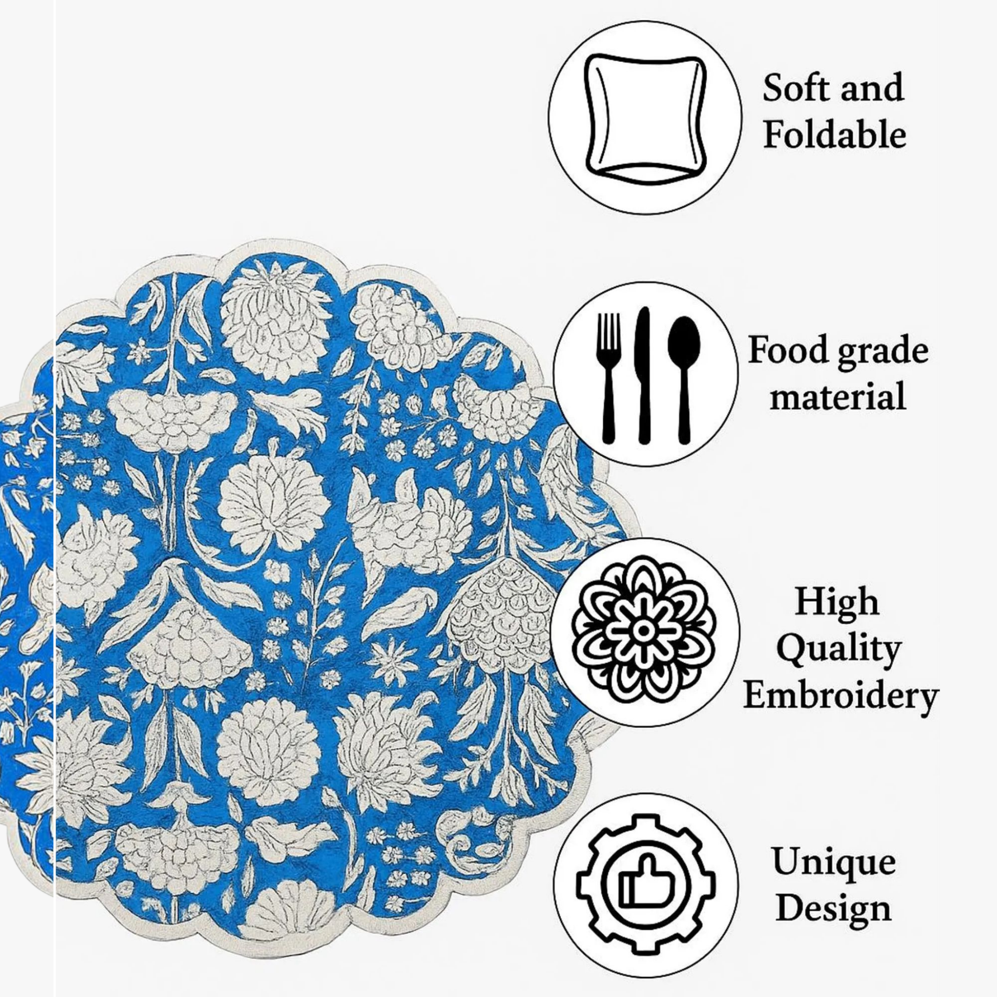 Blue floral patterned placemat with icons and text indicating features on a white background