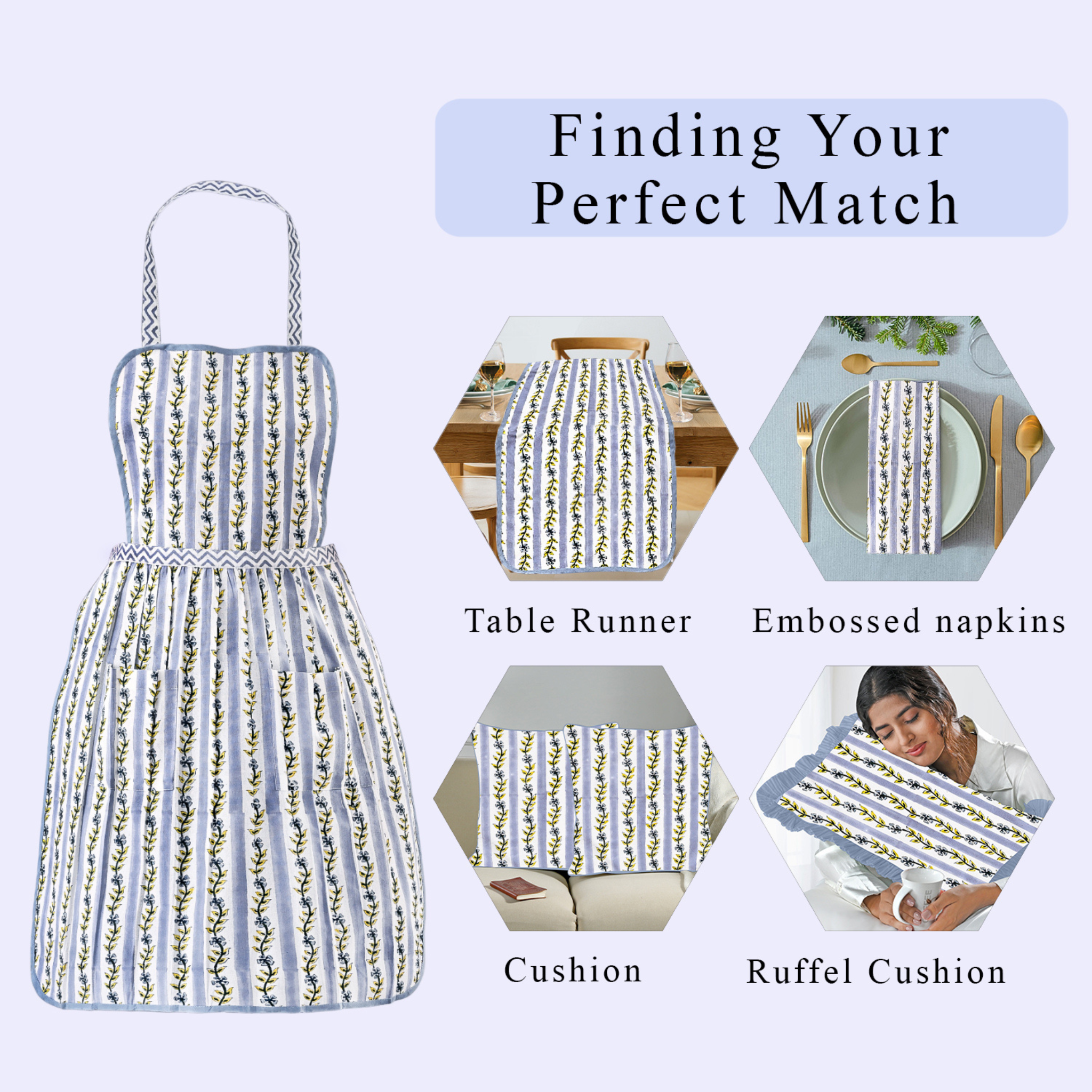 Product display with dress and home decor items like table runner, embossed napkins, cushion, and ruffel cushion on a light purple background.