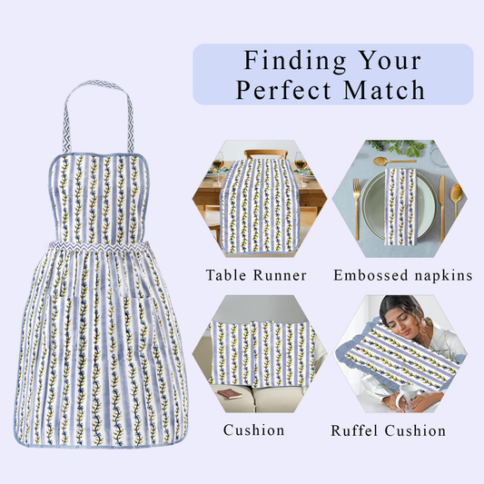 Product display with dress and home decor items like table runner, embossed napkins, cushion, and ruffel cushion on a light purple background.