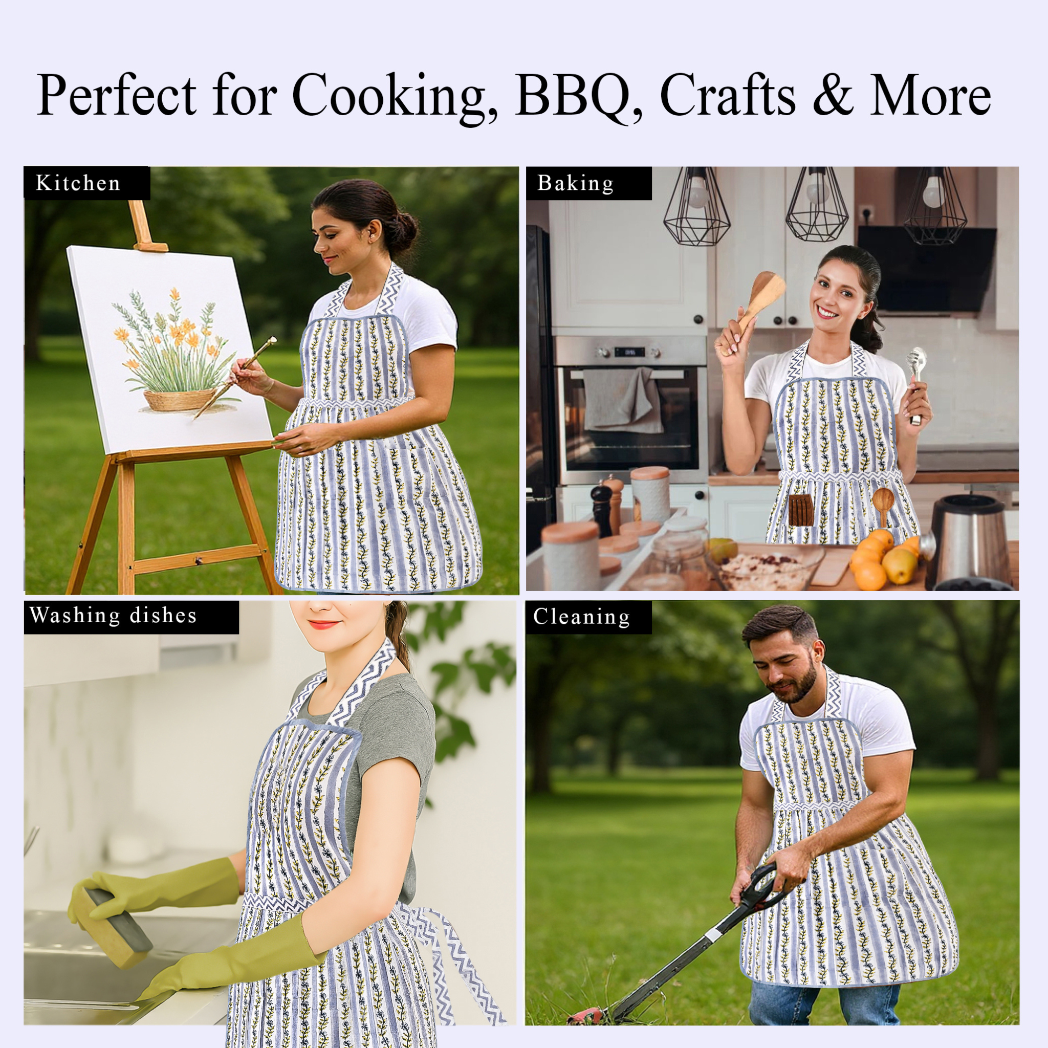 Collage of people wearing aprons in various activities like painting, baking, washing dishes, and cleaning.