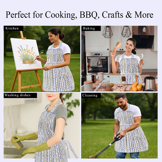 Collage of people wearing aprons in various activities like painting, baking, washing dishes, and cleaning.
