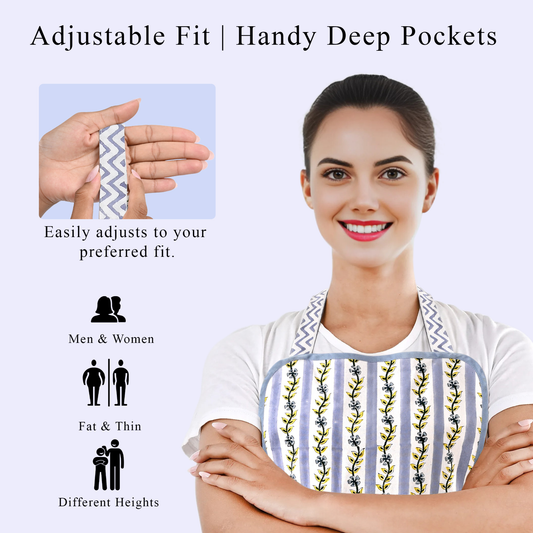 Woman wearing a patterned apron with text highlighting adjustable fit and deep pockets.