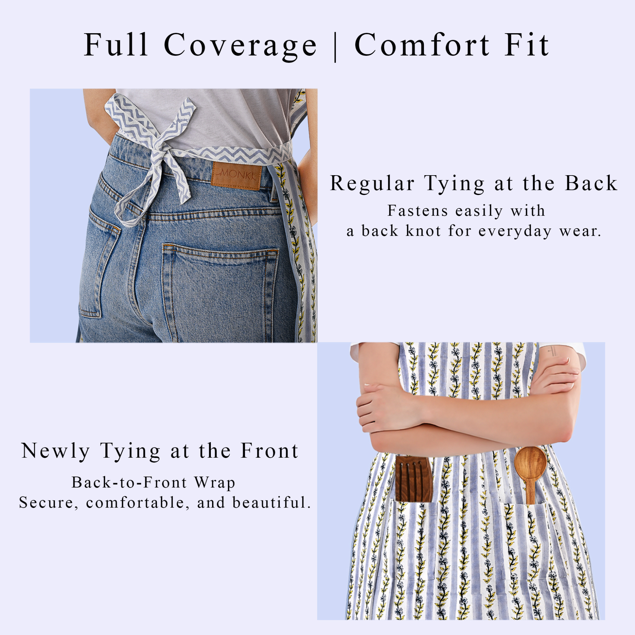 Two images showing aprons with text describing their features.