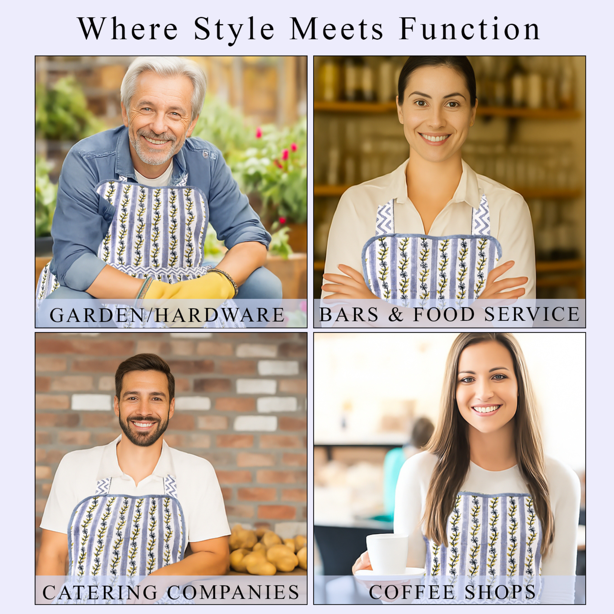 Four people wearing aprons in different settings with text indicating their use cases.