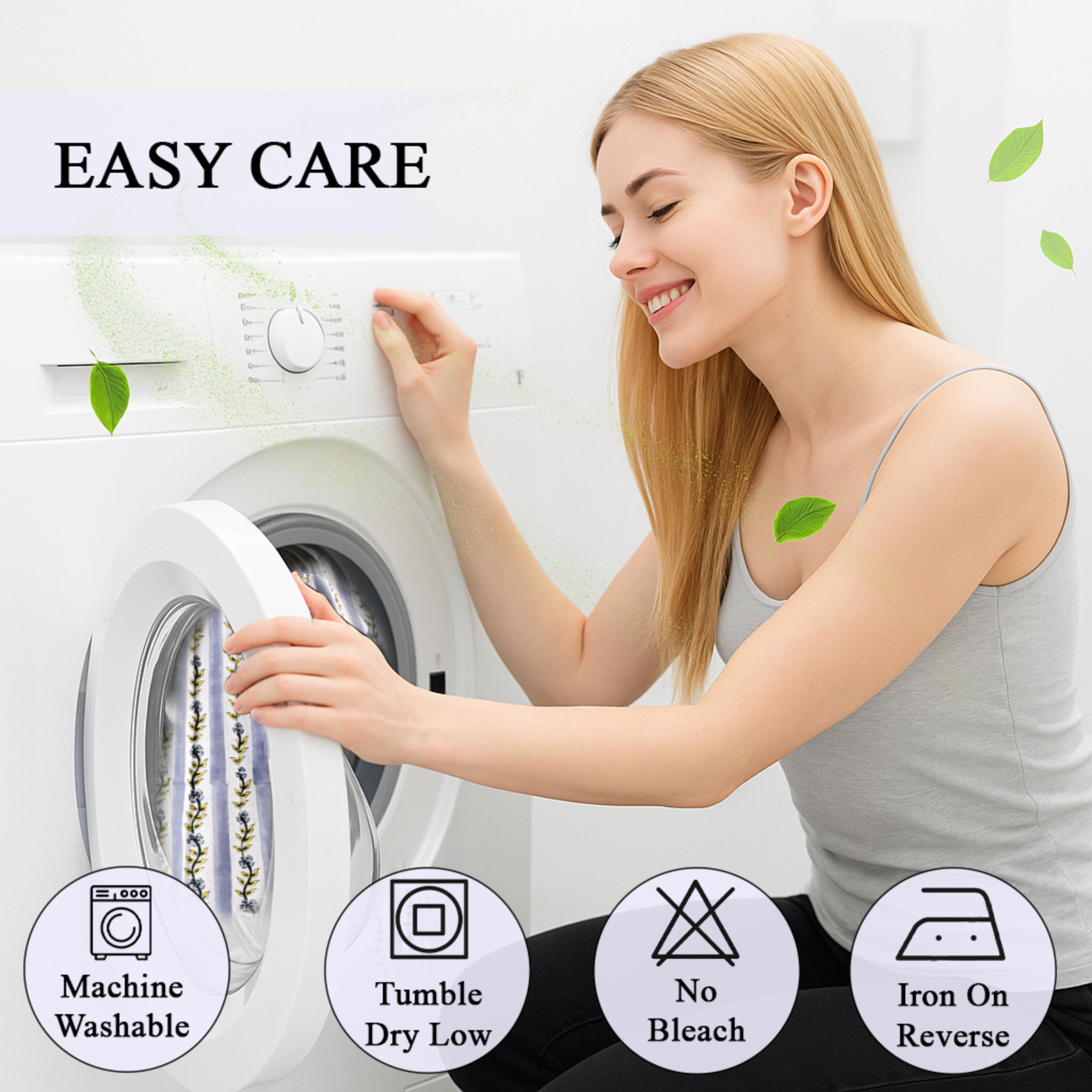 Woman interacting with a washing machine with text 'EASY CARE' and icons below.