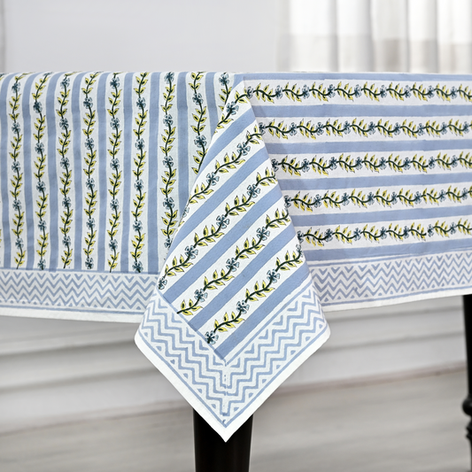 Tablecloth with blue and white striped pattern on a table