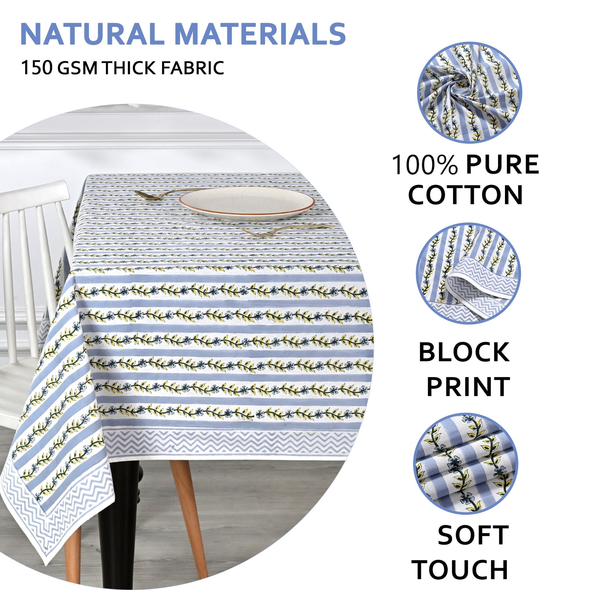 Tablecloth with block print design on a table, featuring text about natural materials and fabric properties.
