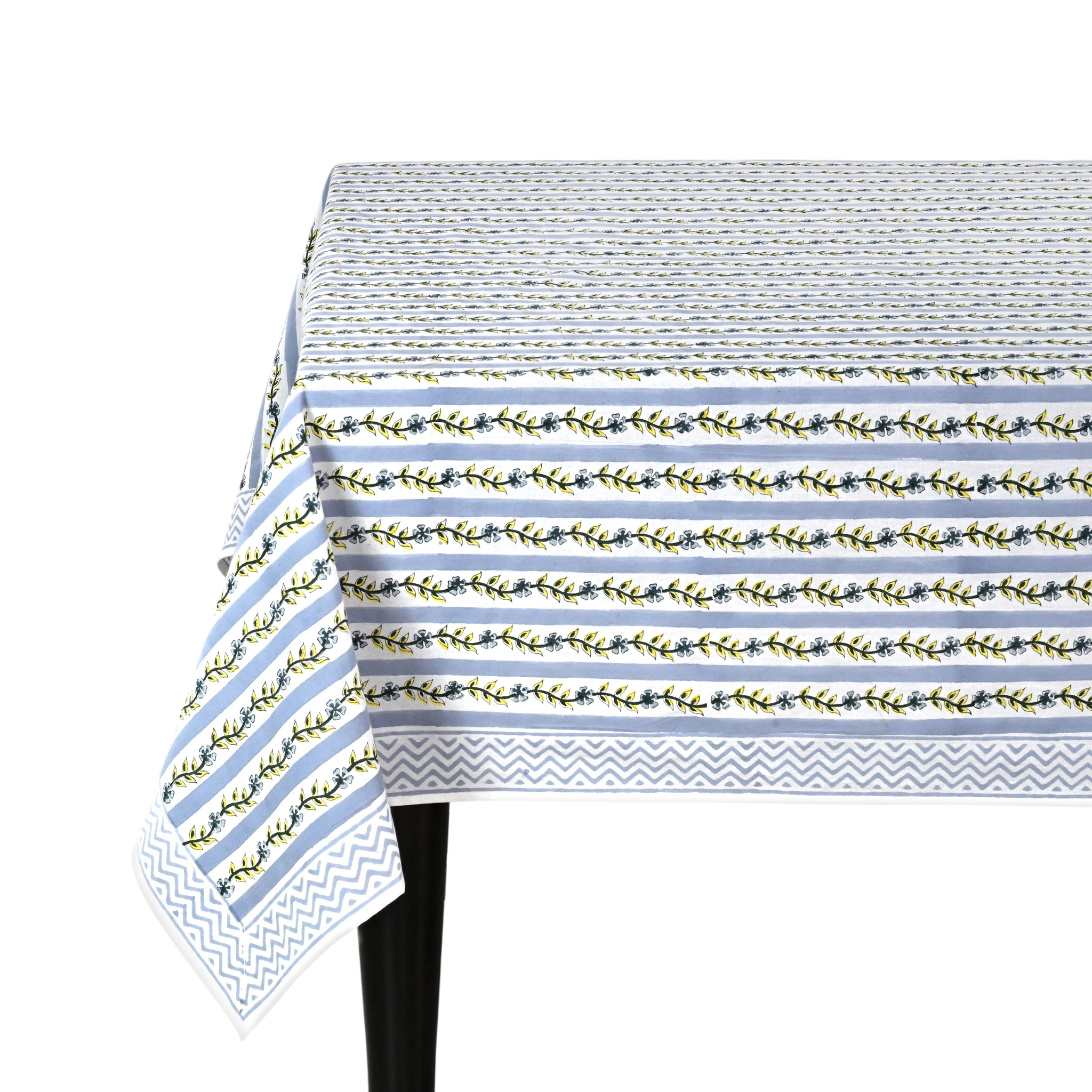 Tablecloth with floral and striped pattern on a white background