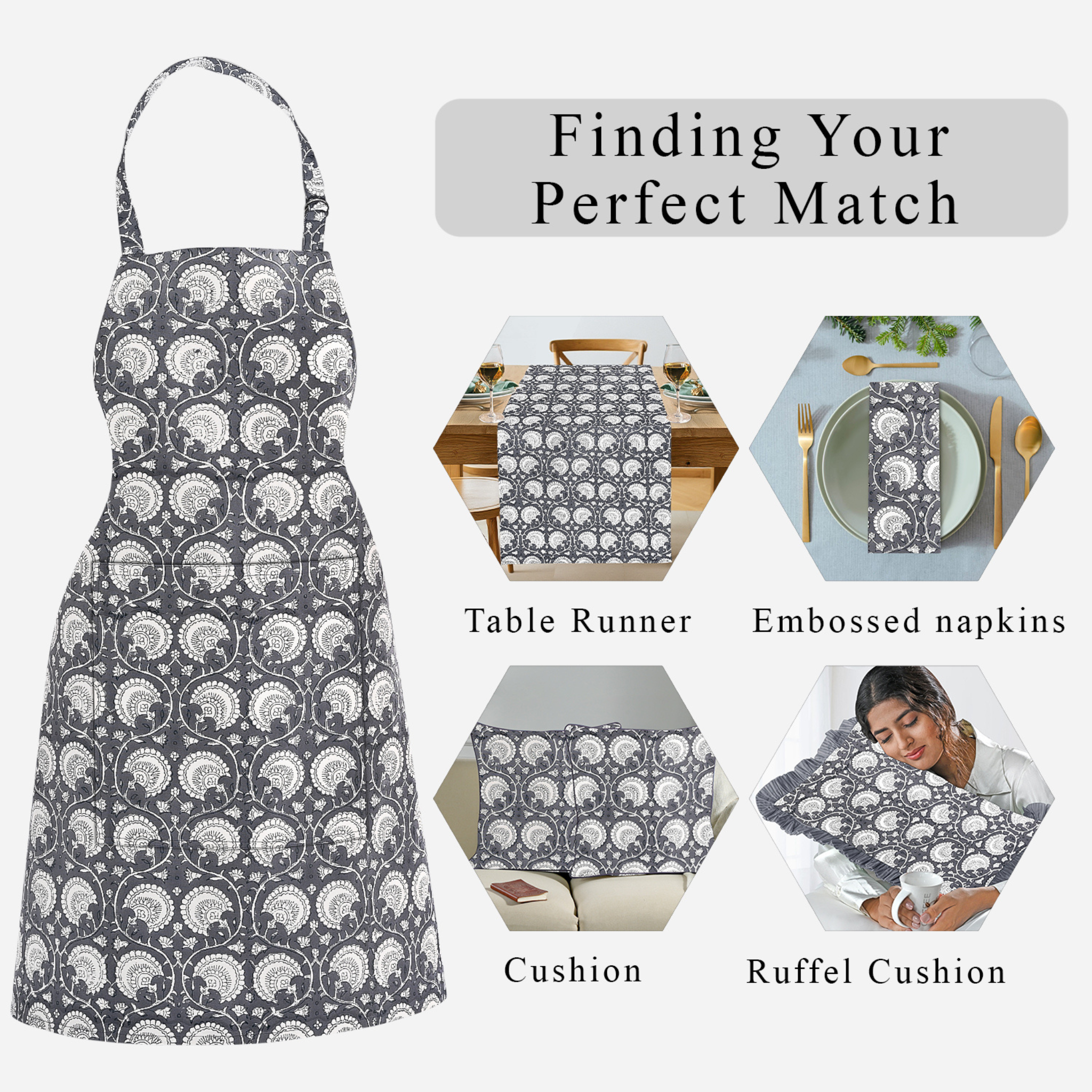 Patterned apron with matching table runner, napkins, cushion, and ruffled cushion on a white background.