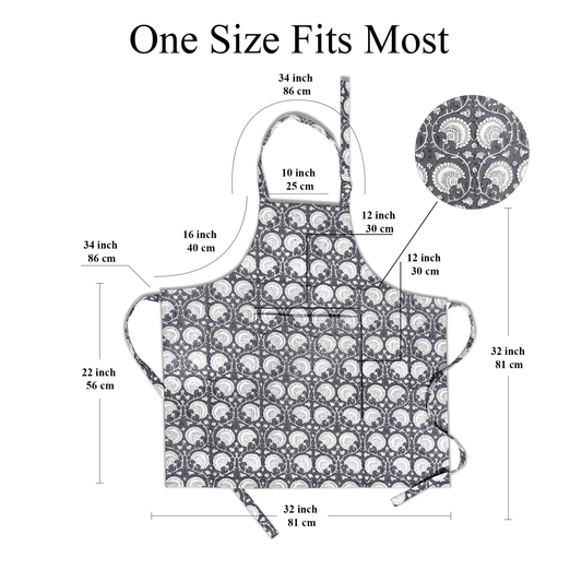 Measurement chart of a patterned apron with dimensions labeled.