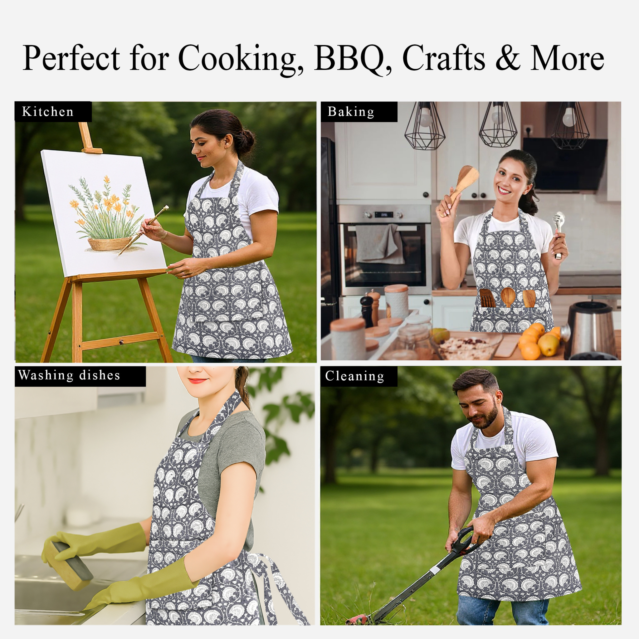 Collage of people wearing aprons in various activities with text 'Perfect for Cooking, BBQ, Crafts & More'.