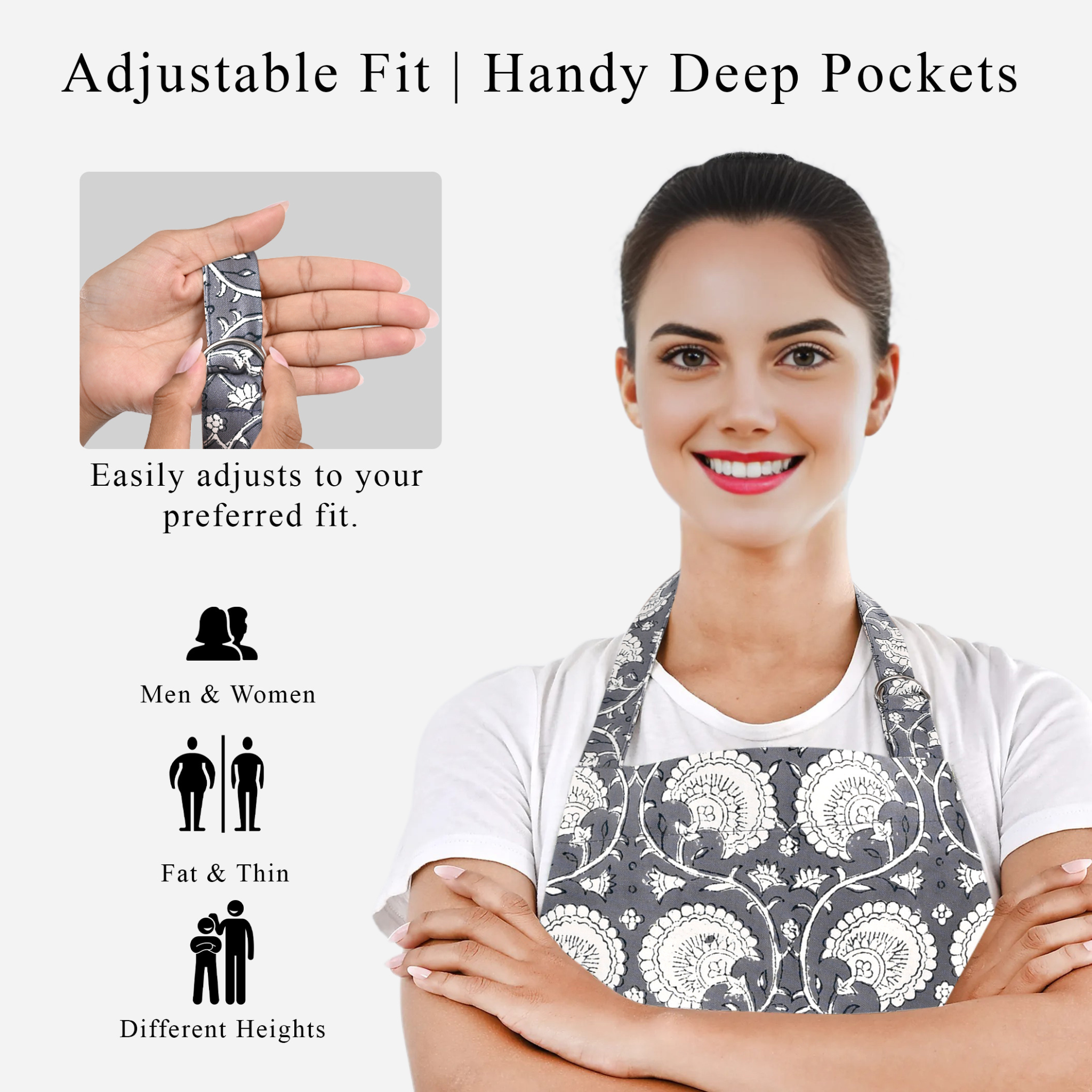 Woman wearing a floral apron with text highlighting adjustable fit and deep pockets.