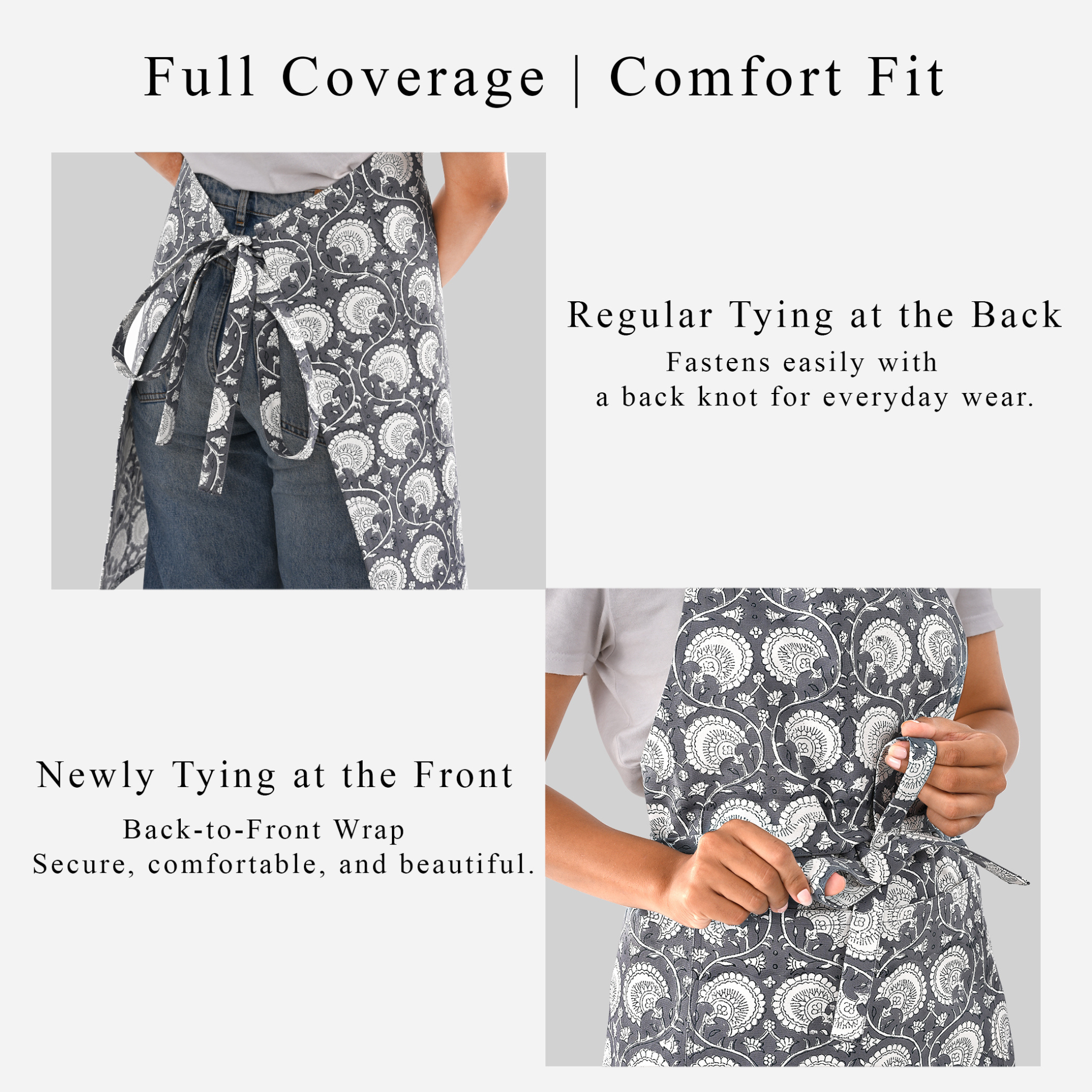 Patterned apron with text describing full coverage and comfort fit features.