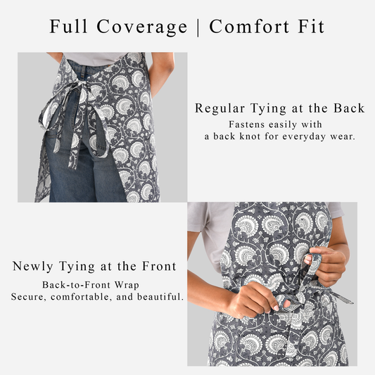 Patterned apron with text describing full coverage and comfort fit features.