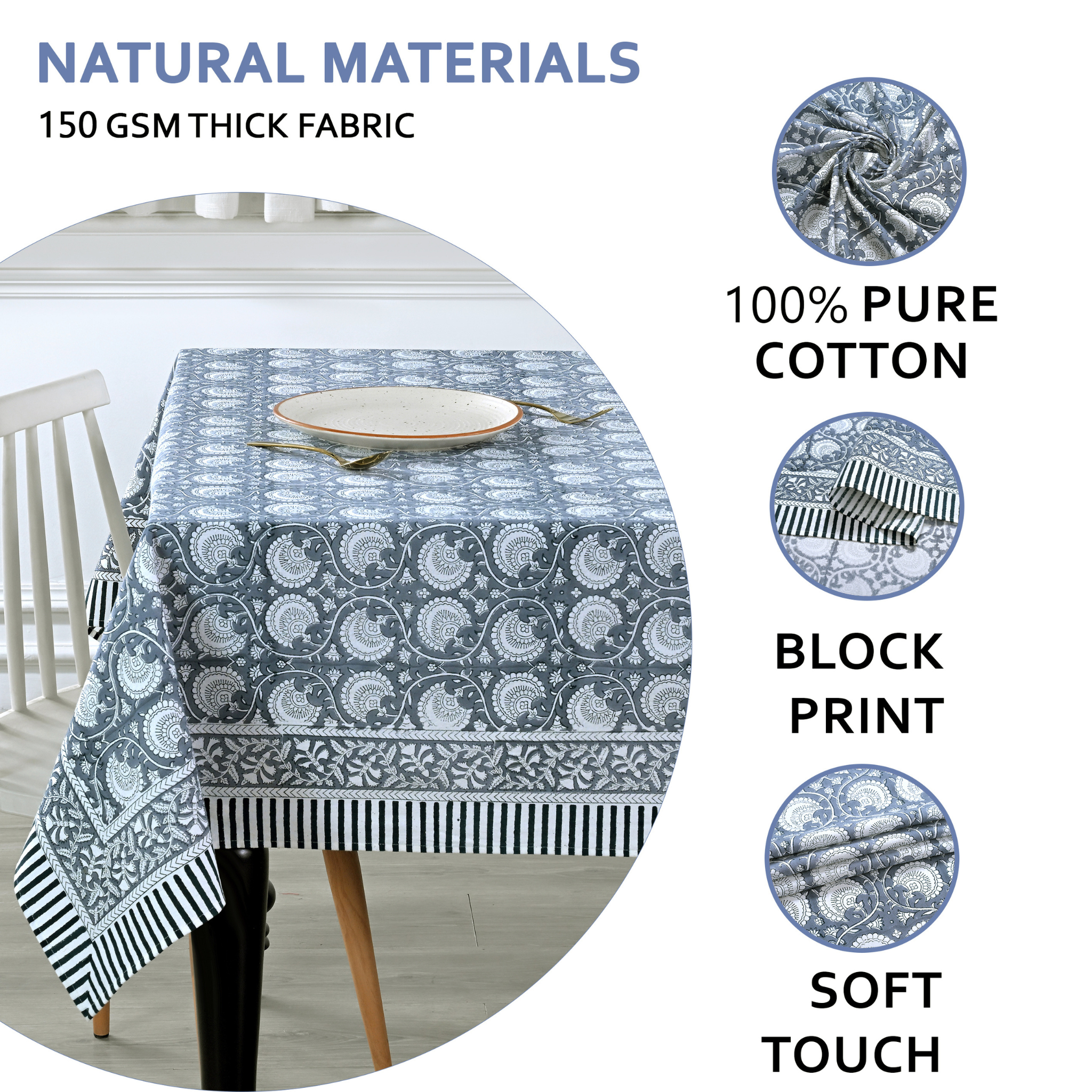 Tablecloth with block print design on a table, featuring text about material properties.