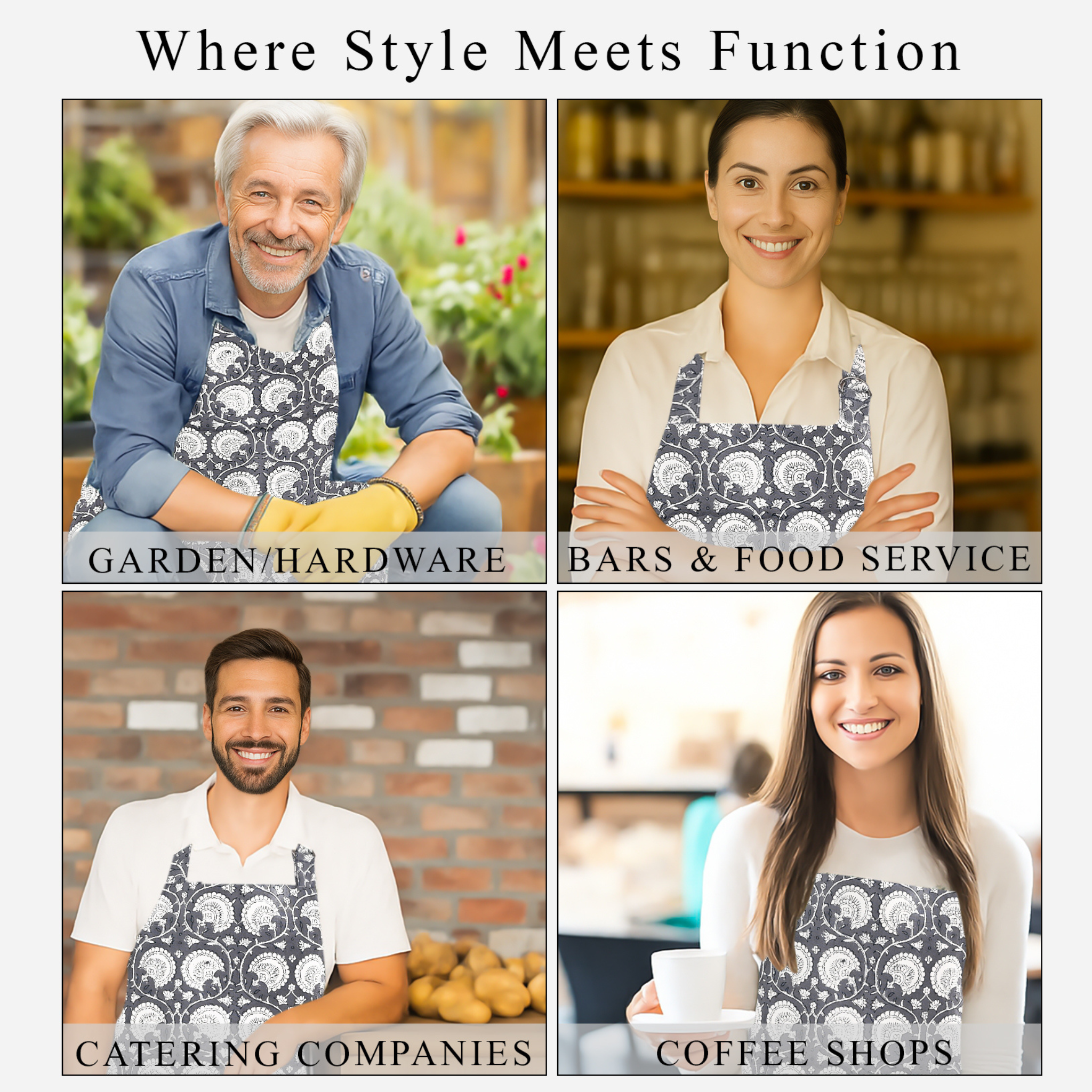 Four people wearing aprons in different settings with text indicating their industries.