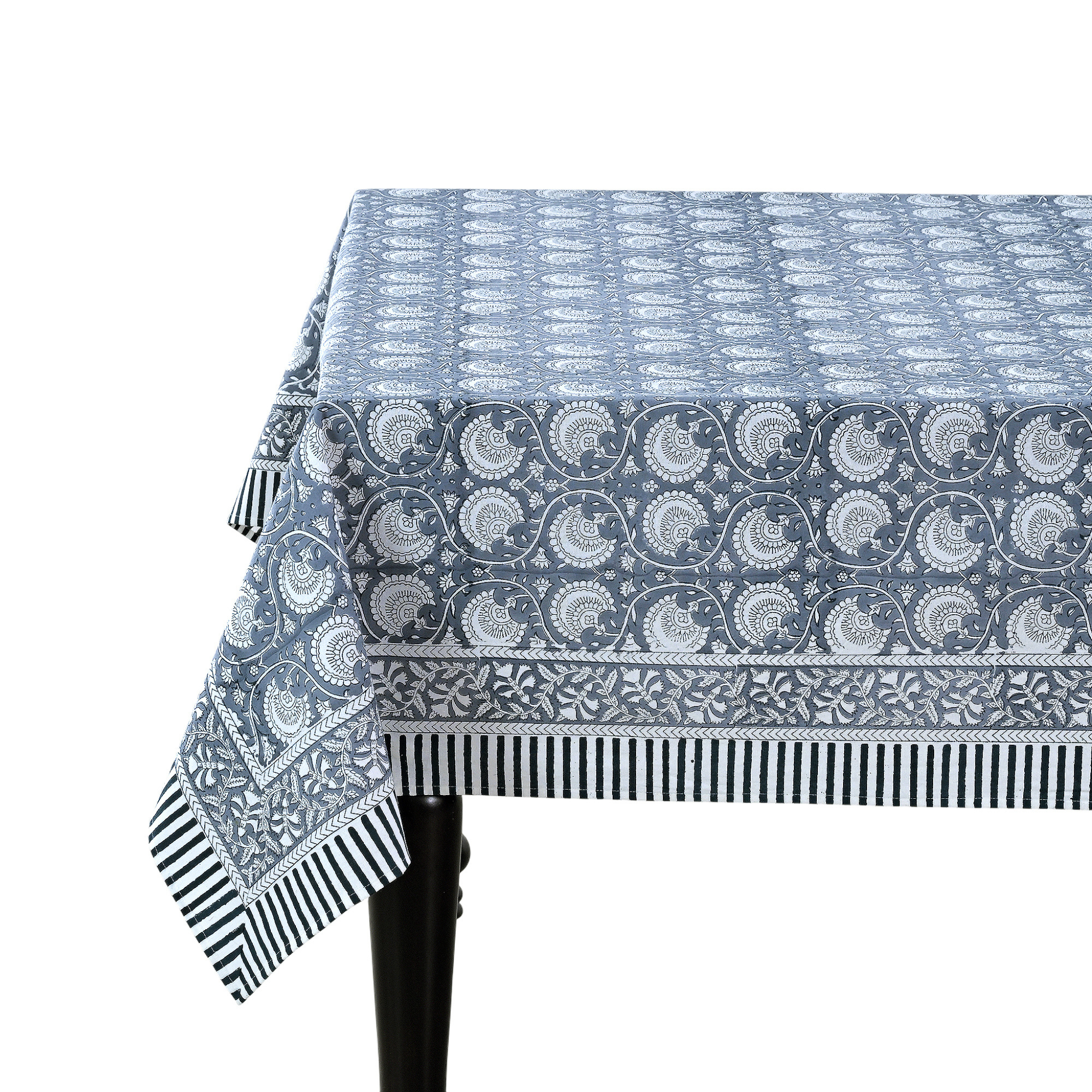 Tablecloth with blue and white pattern on a white background