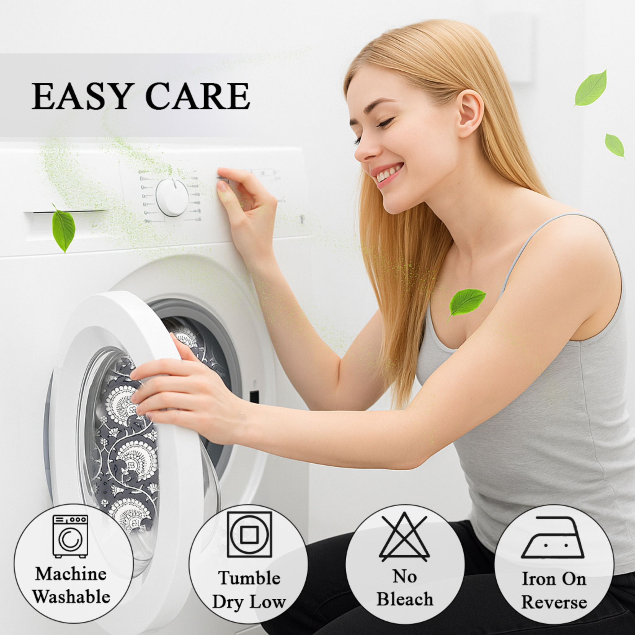 Woman interacting with a washing machine with 'Easy Care' text and icons.