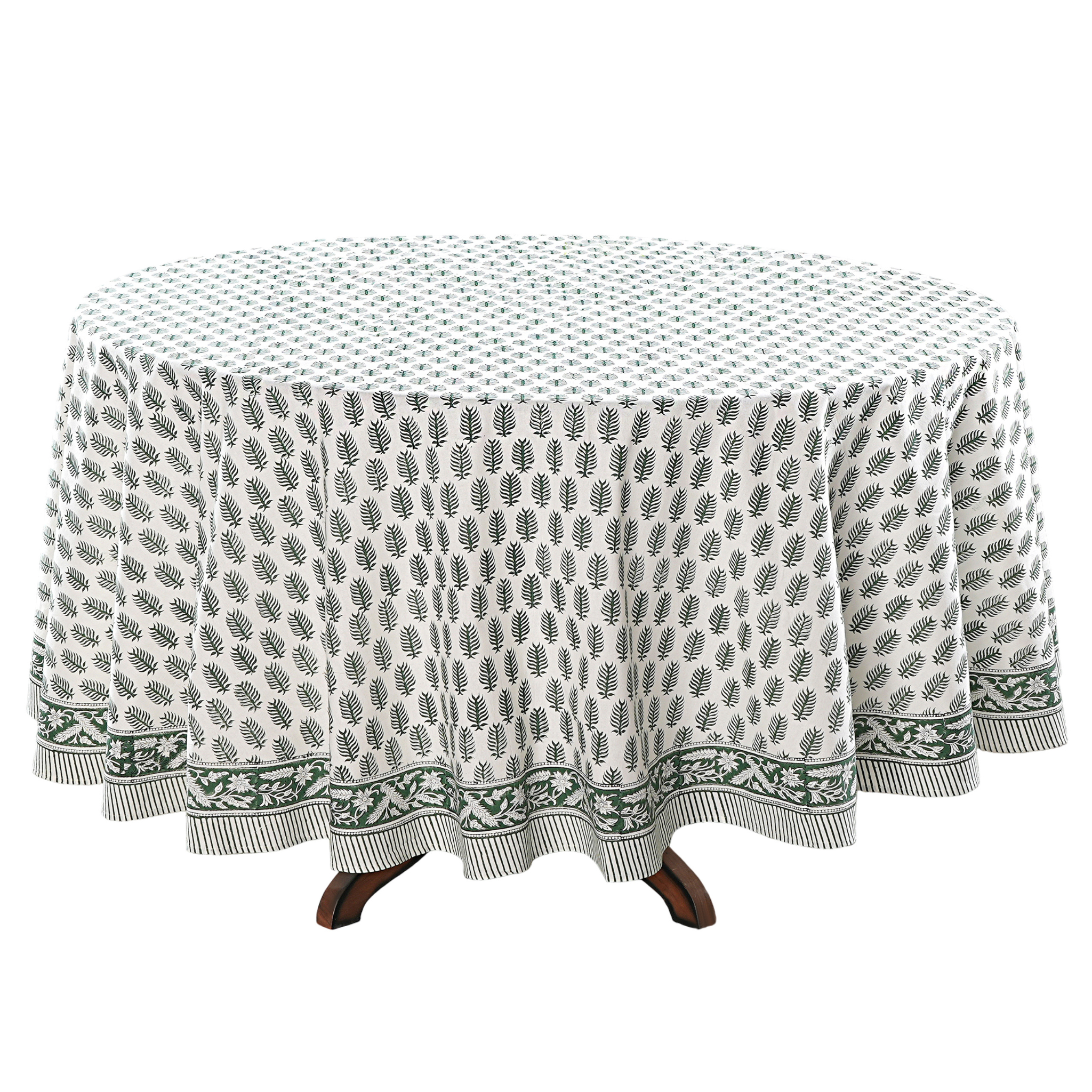 Round tablecloth with a leaf pattern on a white background
