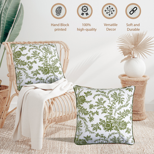 Floral-patterned cushions on a wicker chair with decorative elements and quality indicators.