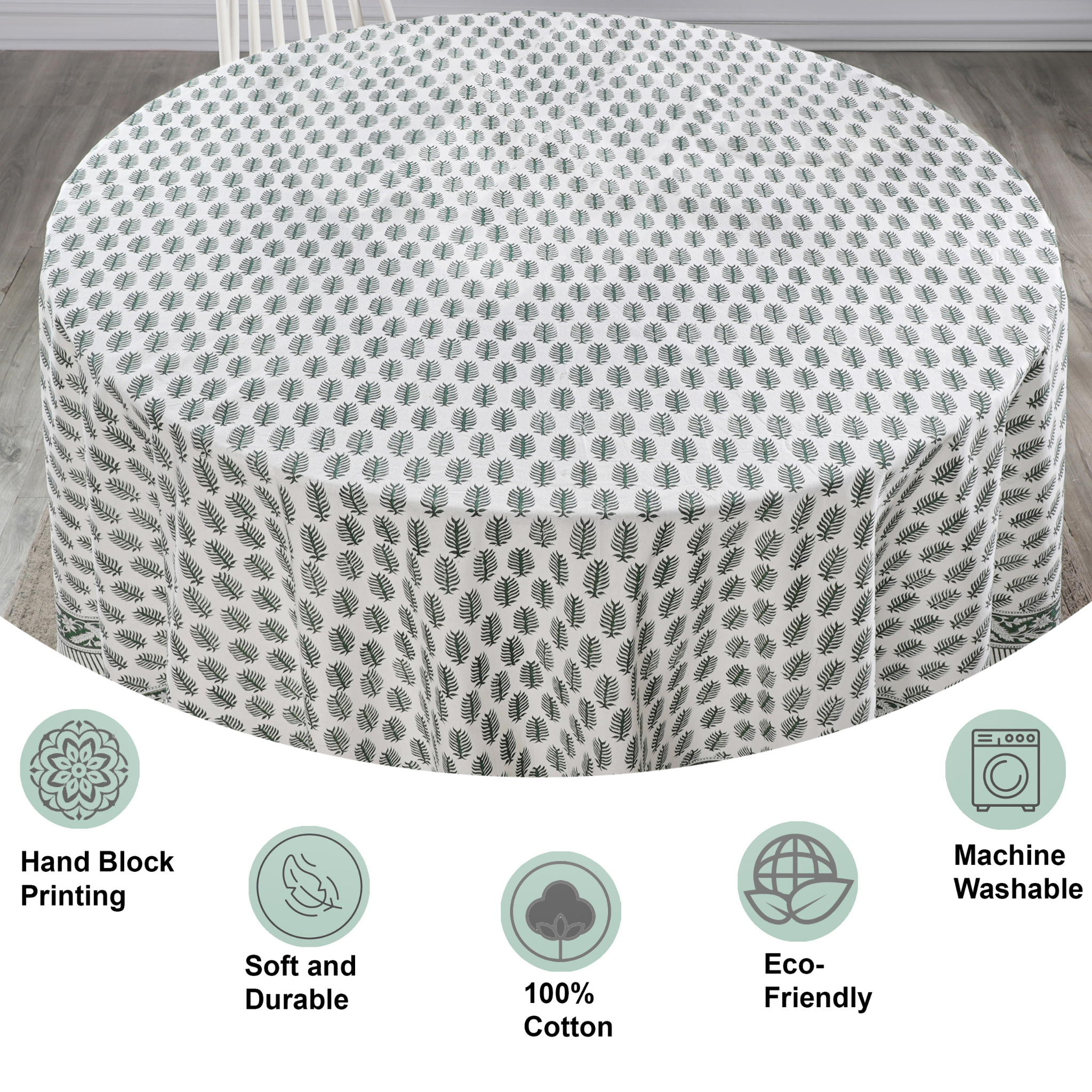 Round ottoman with a patterned cover on a wooden floor, featuring icons and text about product features.