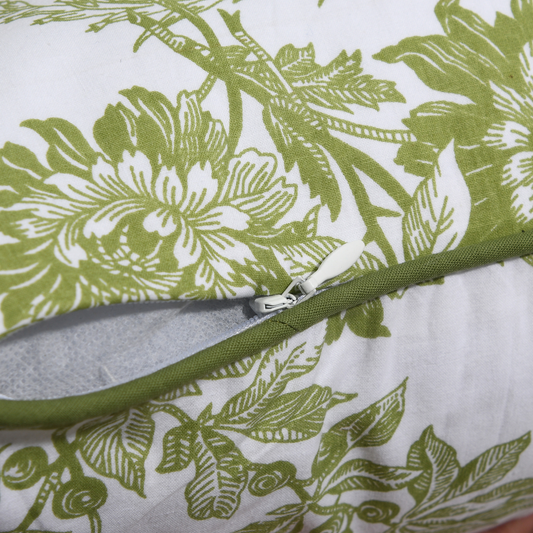 Close-up of a green floral-patterned fabric with a zipper.
