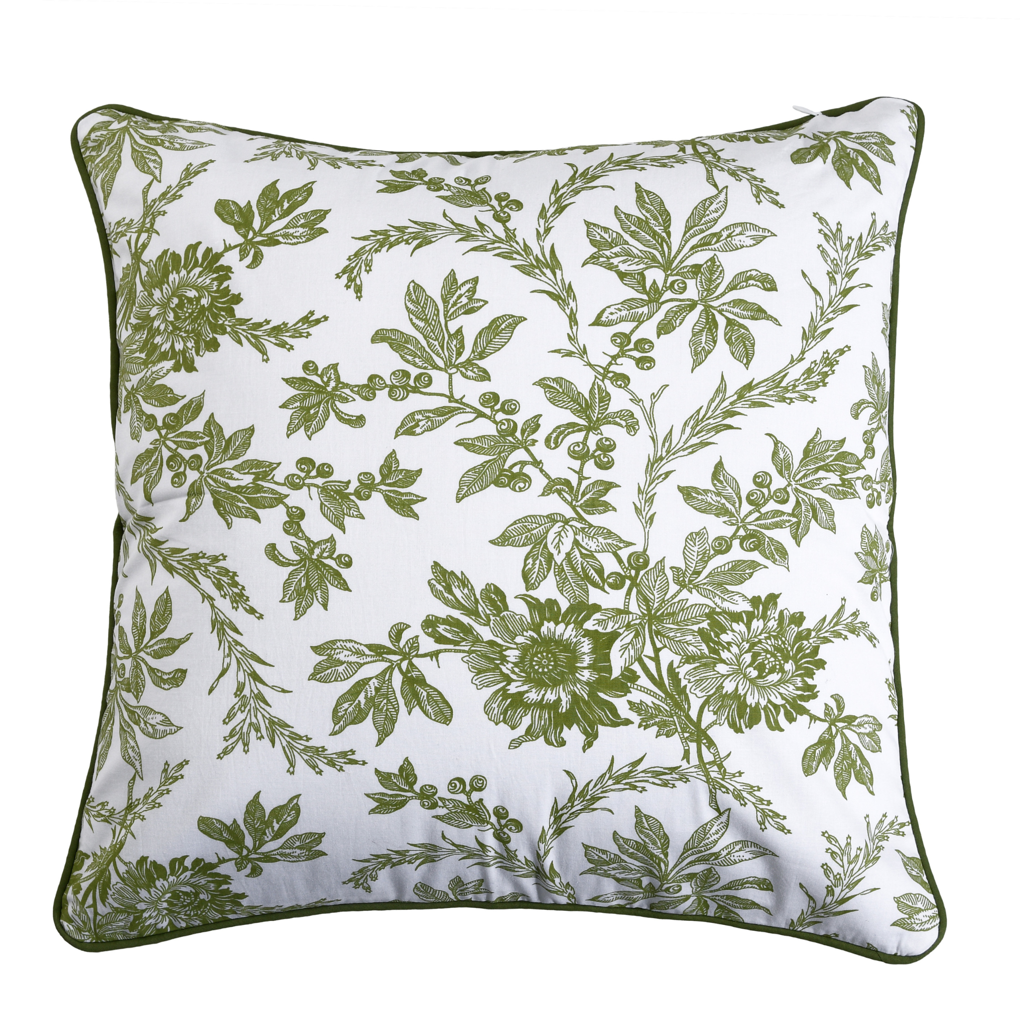 Decorative pillow with green floral pattern on a white background
