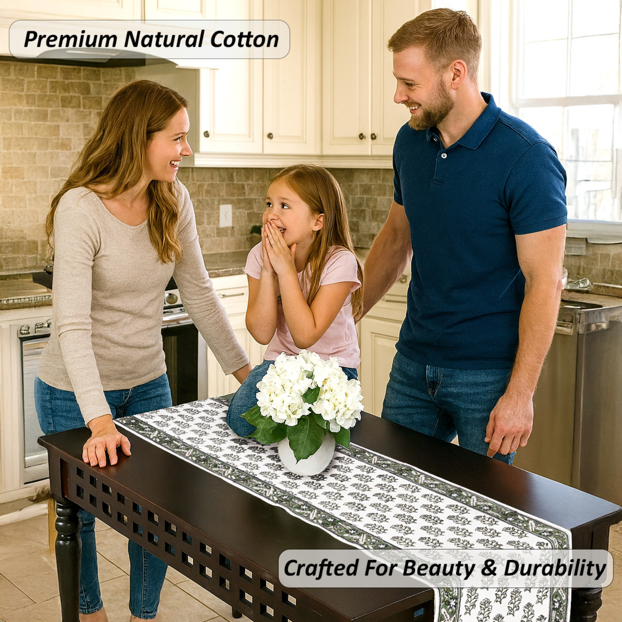 Family in a kitchen with a table runner featuring premium natural cotton.