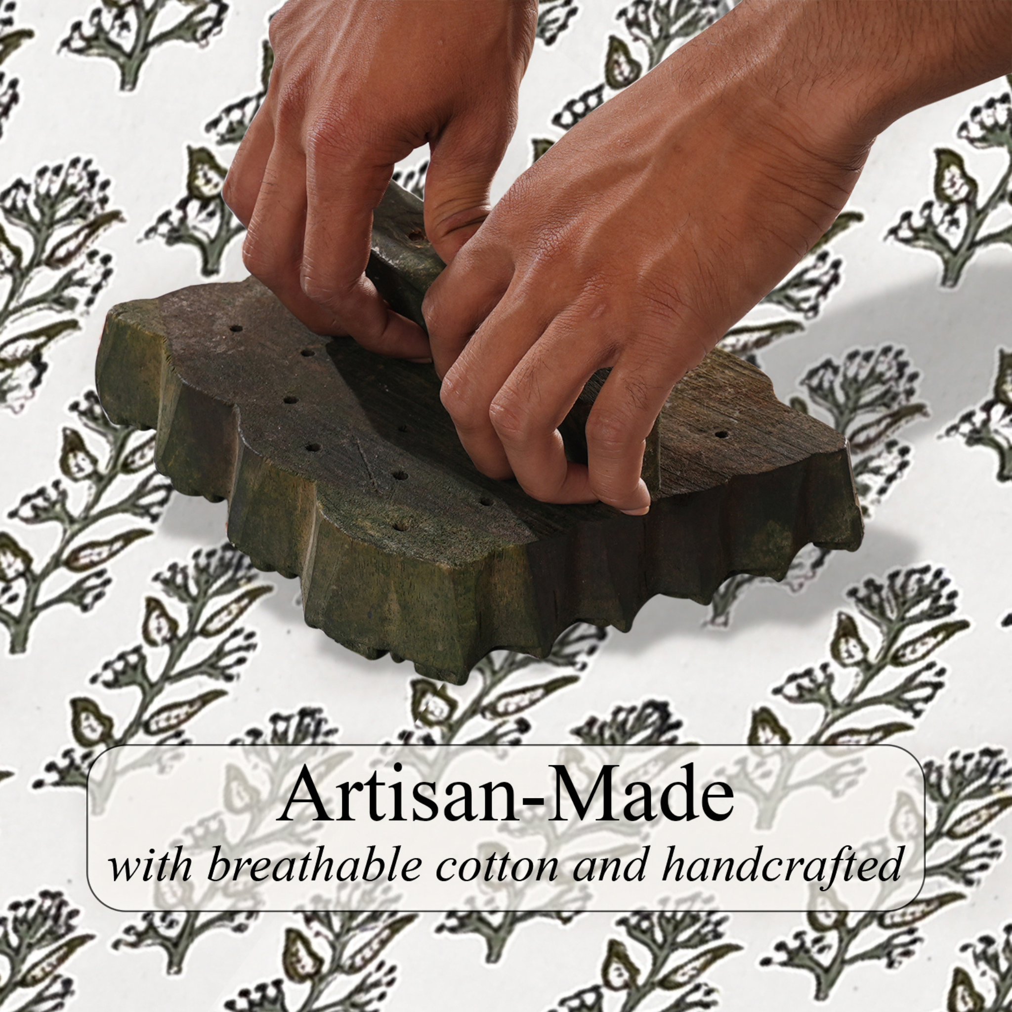 Hands working with a wooden mold against a patterned background