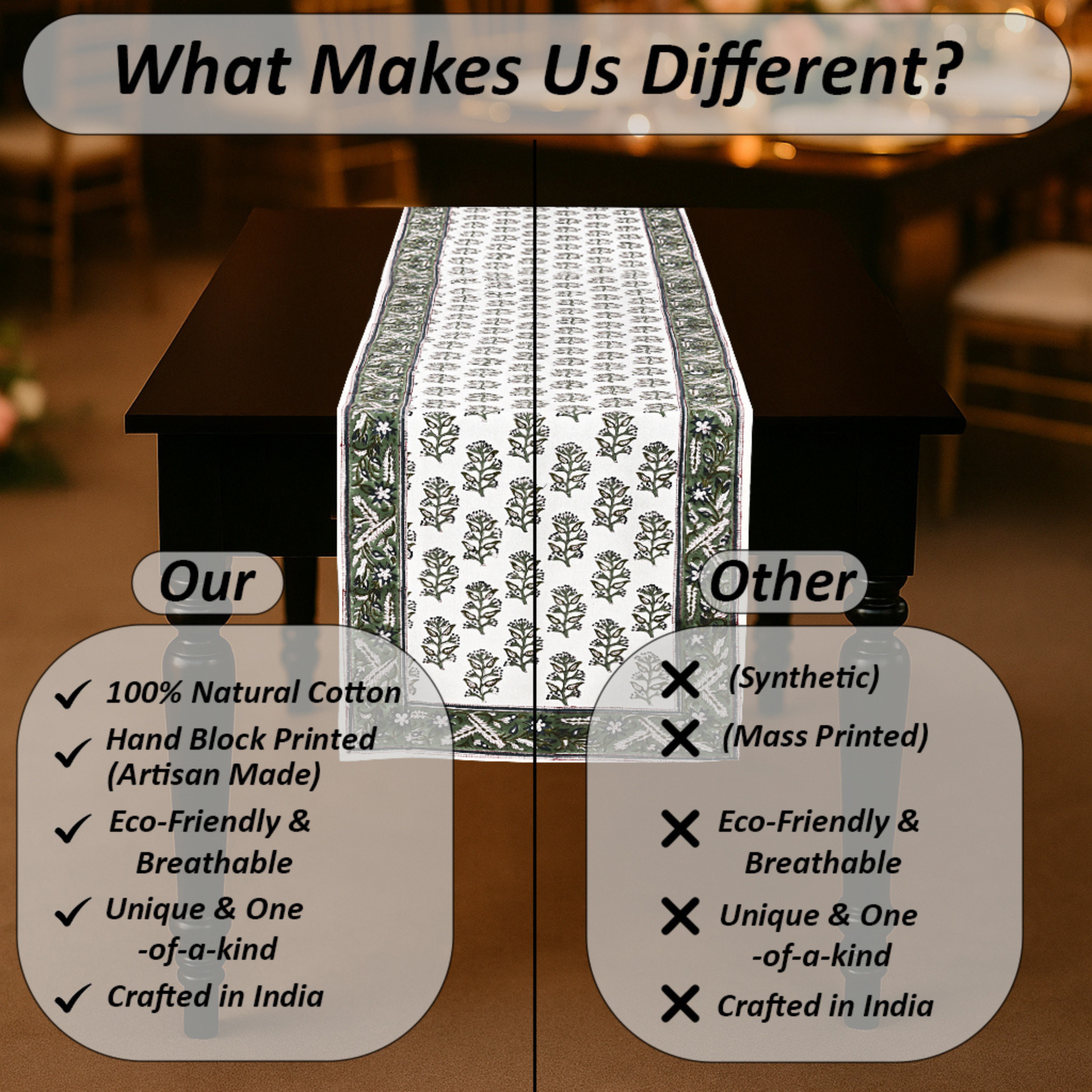 Table with a decorative tablecloth and comparison text on a blurred background