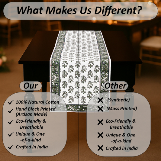 Table with a decorative tablecloth and comparison text on a blurred background