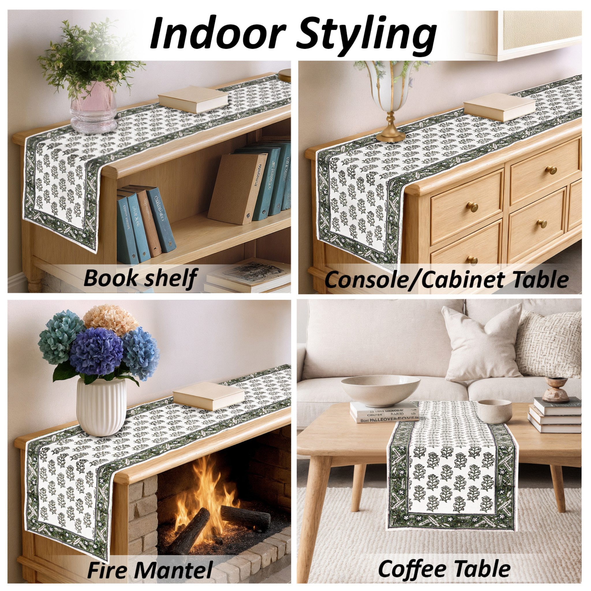 Table runner with floral pattern displayed on various furniture items including a bookshelf, console table, fire mantel, and coffee table.