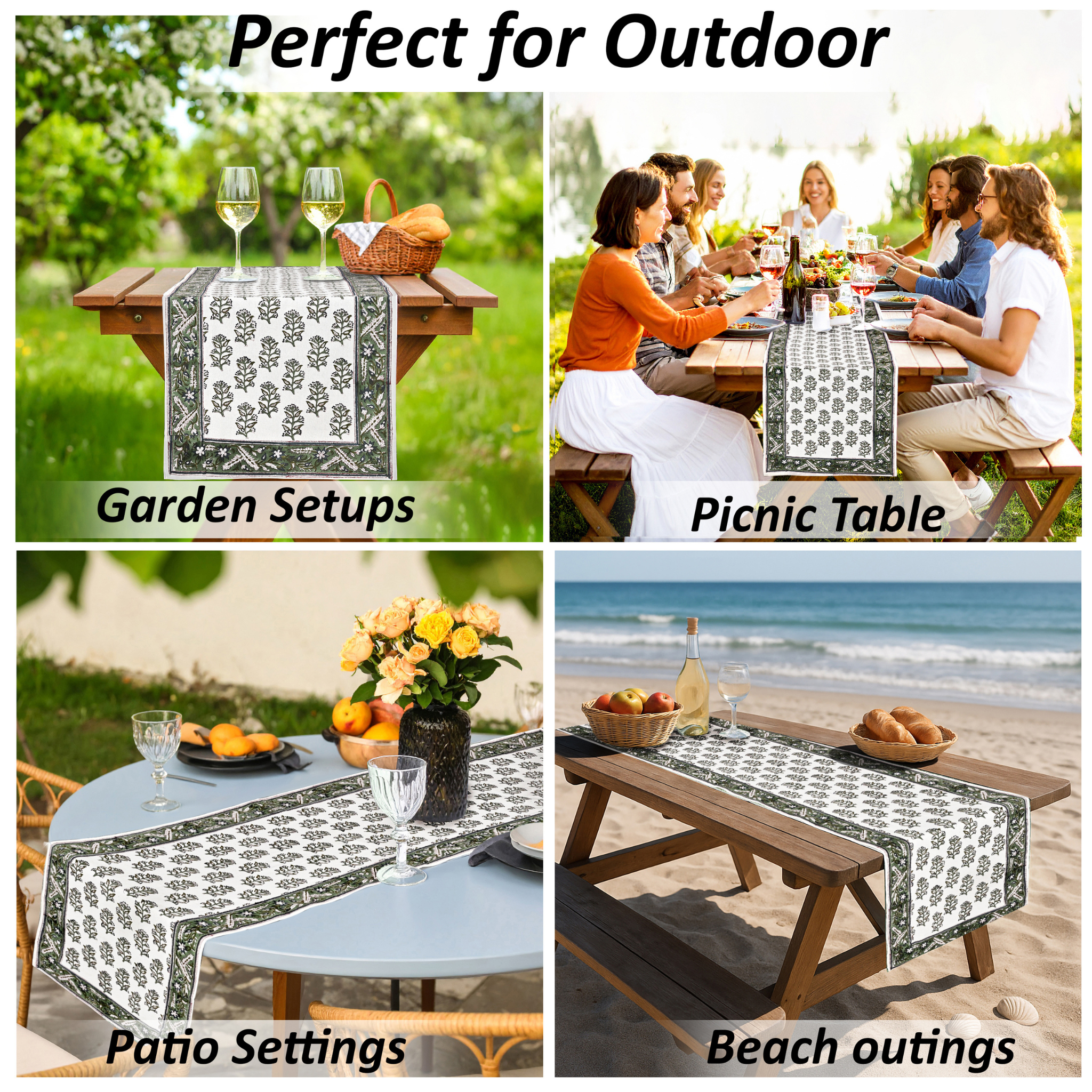 Table runner with geometric pattern used in various outdoor settings including garden, picnic table, patio, and beach.