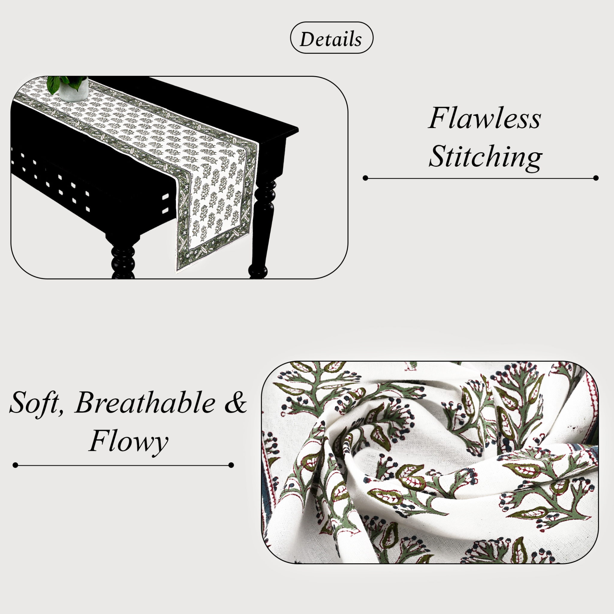 Tablecloth with floral pattern on a table, highlighting 'Flawless Stitching' and 'Soft, Breathable & Flowy' qualities.