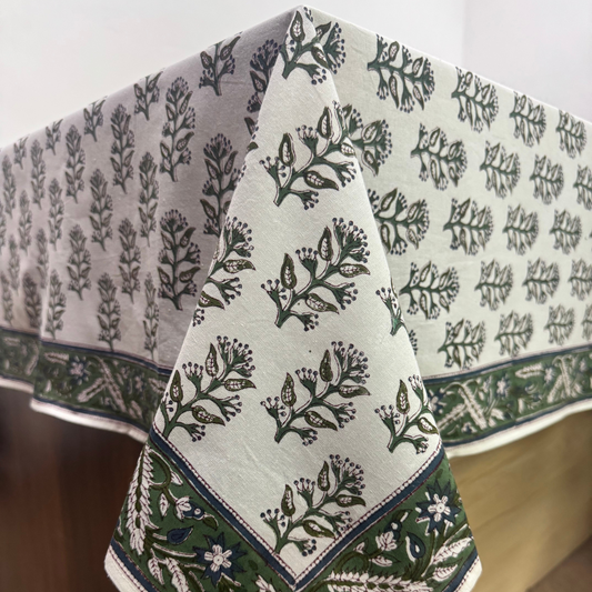 Floral patterned tablecloth on a table