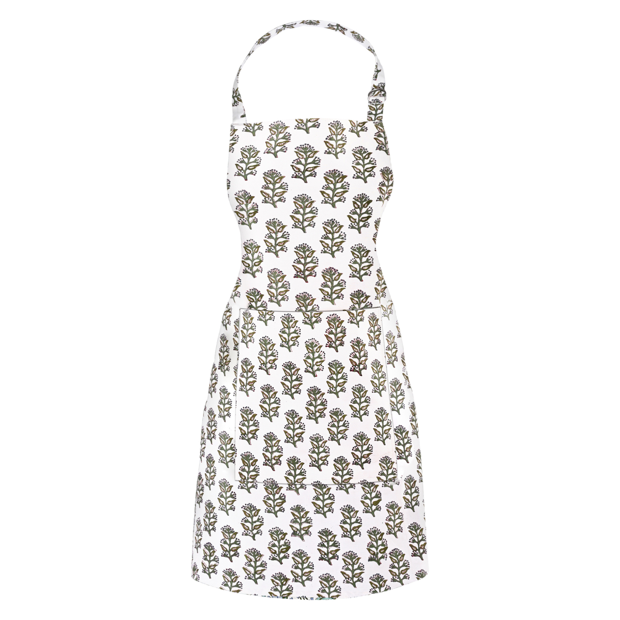 White apron with green floral pattern on a white background