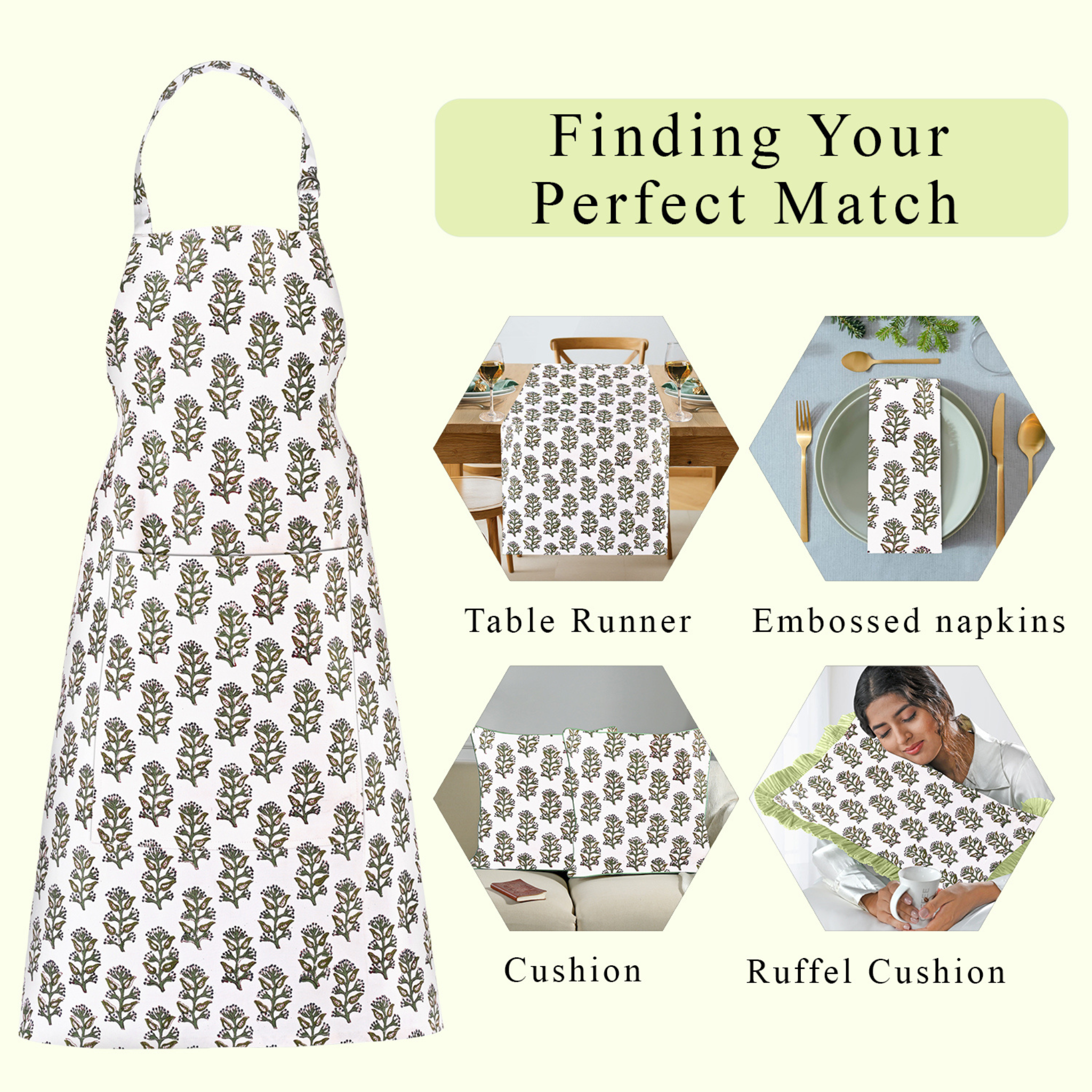 Product display with apron and matching tableware items on a white background