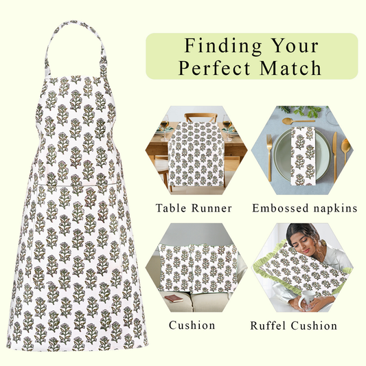 Product display with apron and matching tableware items on a white background