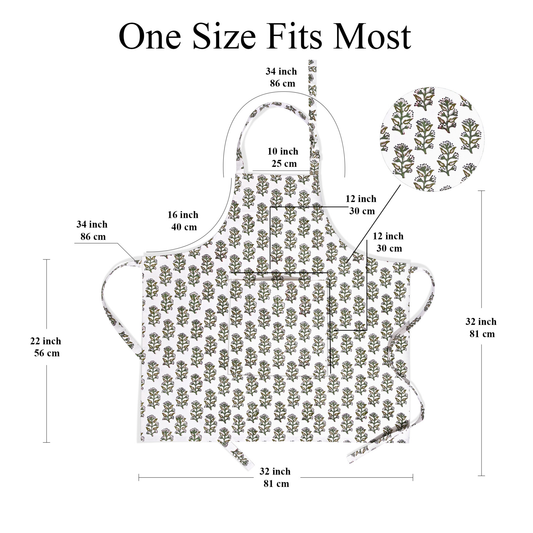 Measurement chart of a patterned apron with dimensions in inches and centimeters.
