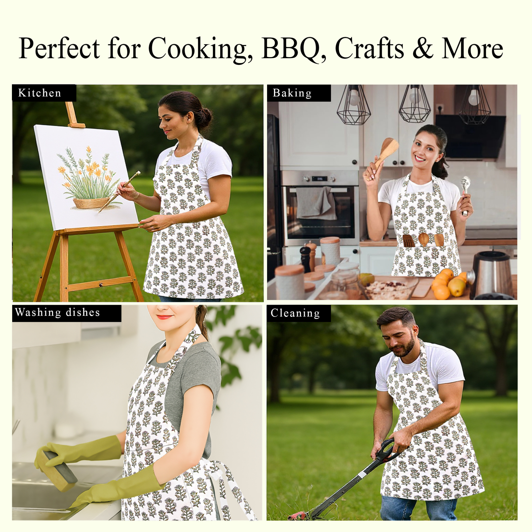 Collage of people wearing aprons in various activities with text 'Perfect for Cooking, BBQ, Crafts & More'.
