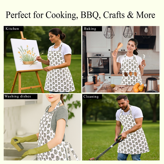 Collage of people wearing aprons in various activities with text 'Perfect for Cooking, BBQ, Crafts & More'.