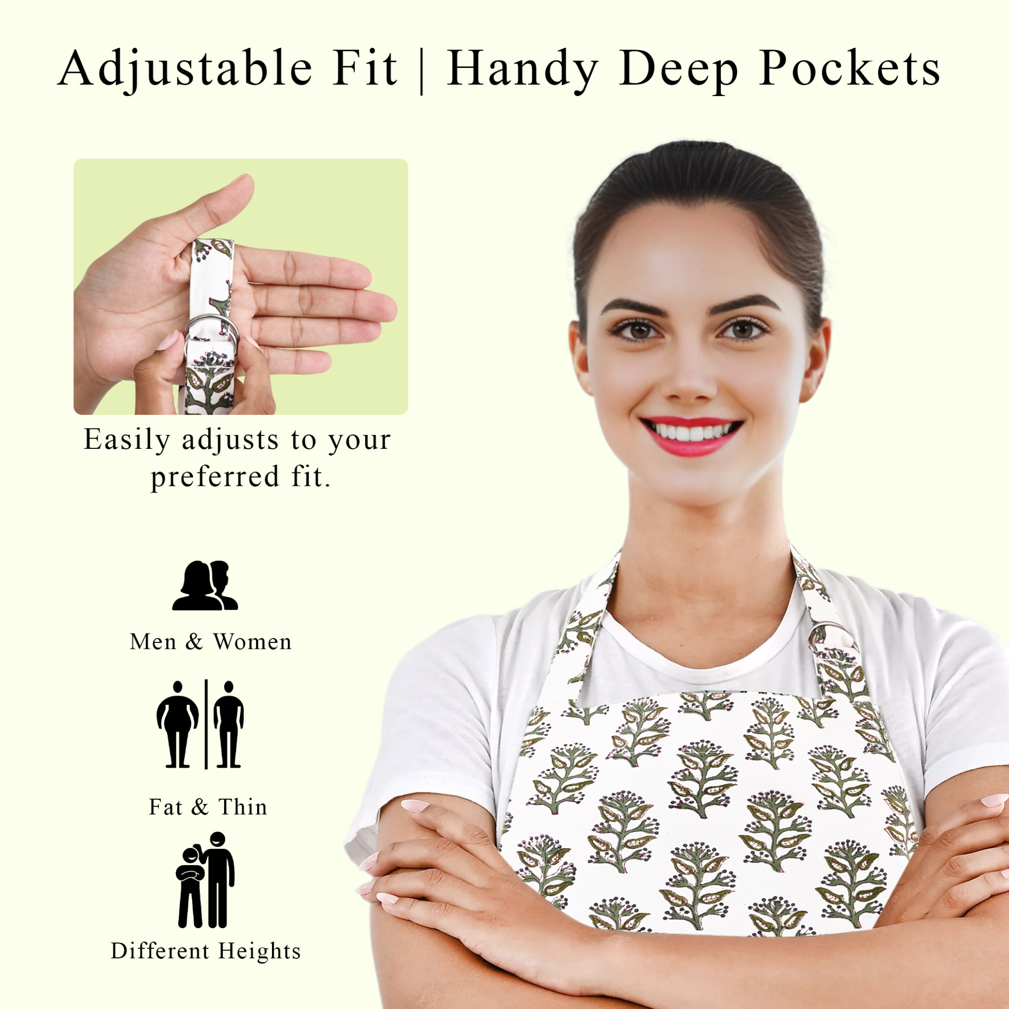 Woman wearing a patterned apron with text highlighting adjustable fit and deep pockets.